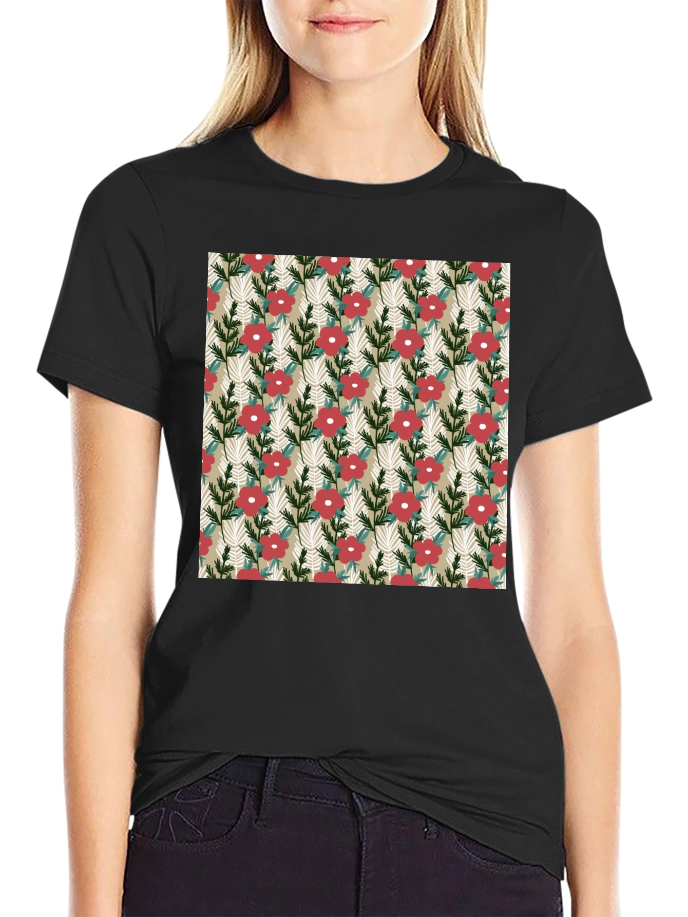Black Floral Pattern Black T-Shirt view 2