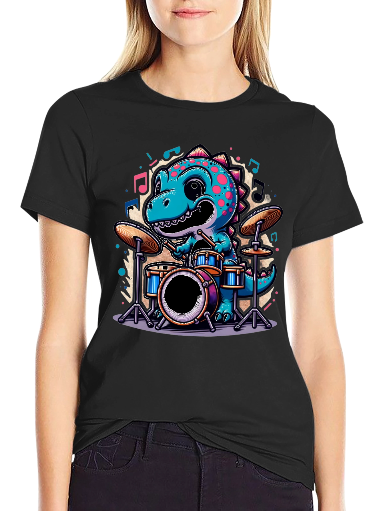 Black Dino Drummer Tee - Cute Cartoon Dinosaur T-Shirt view 2