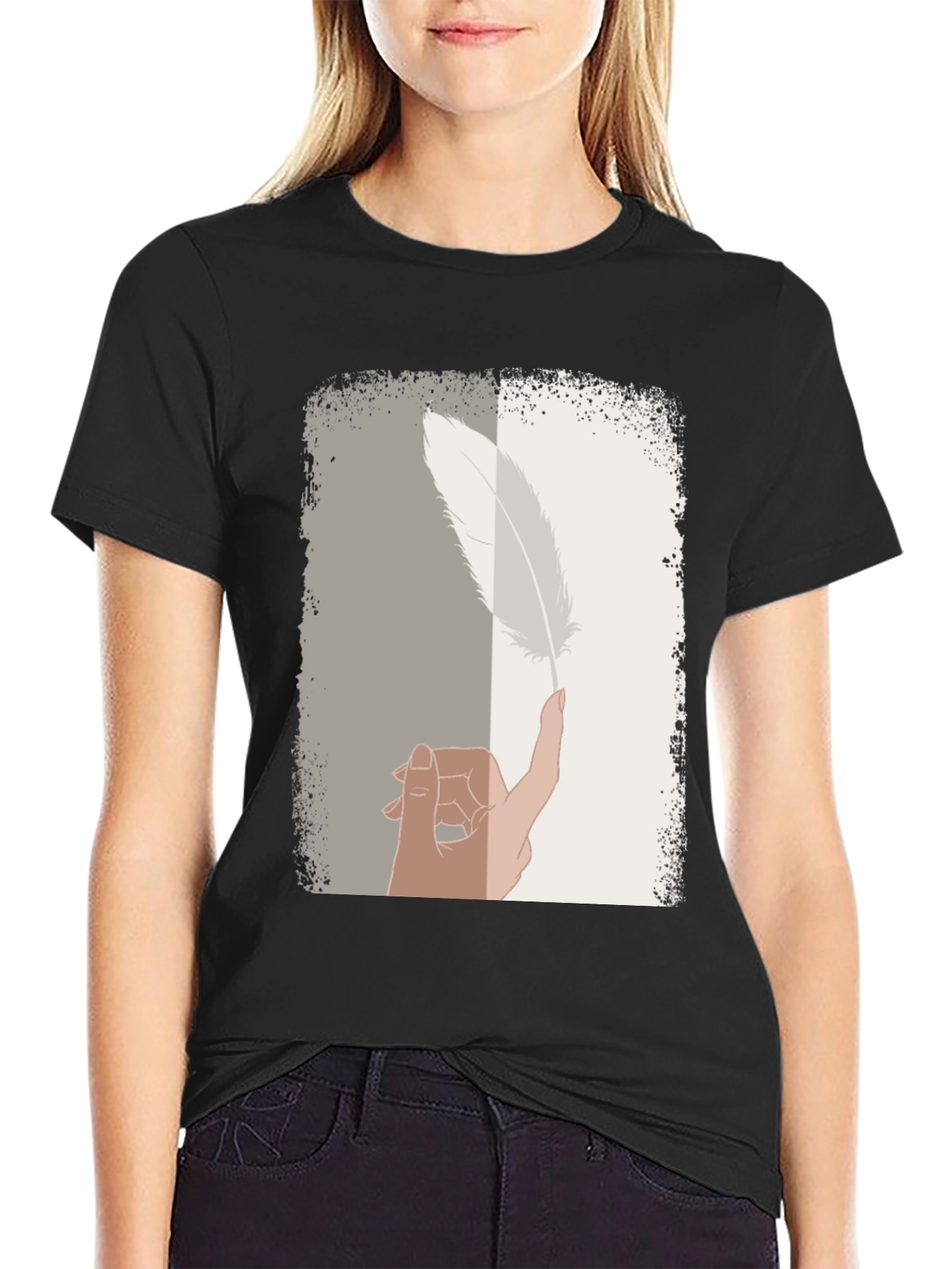 Black Feather Balance Graphic Tee - Casual Cotton Shirt view 2