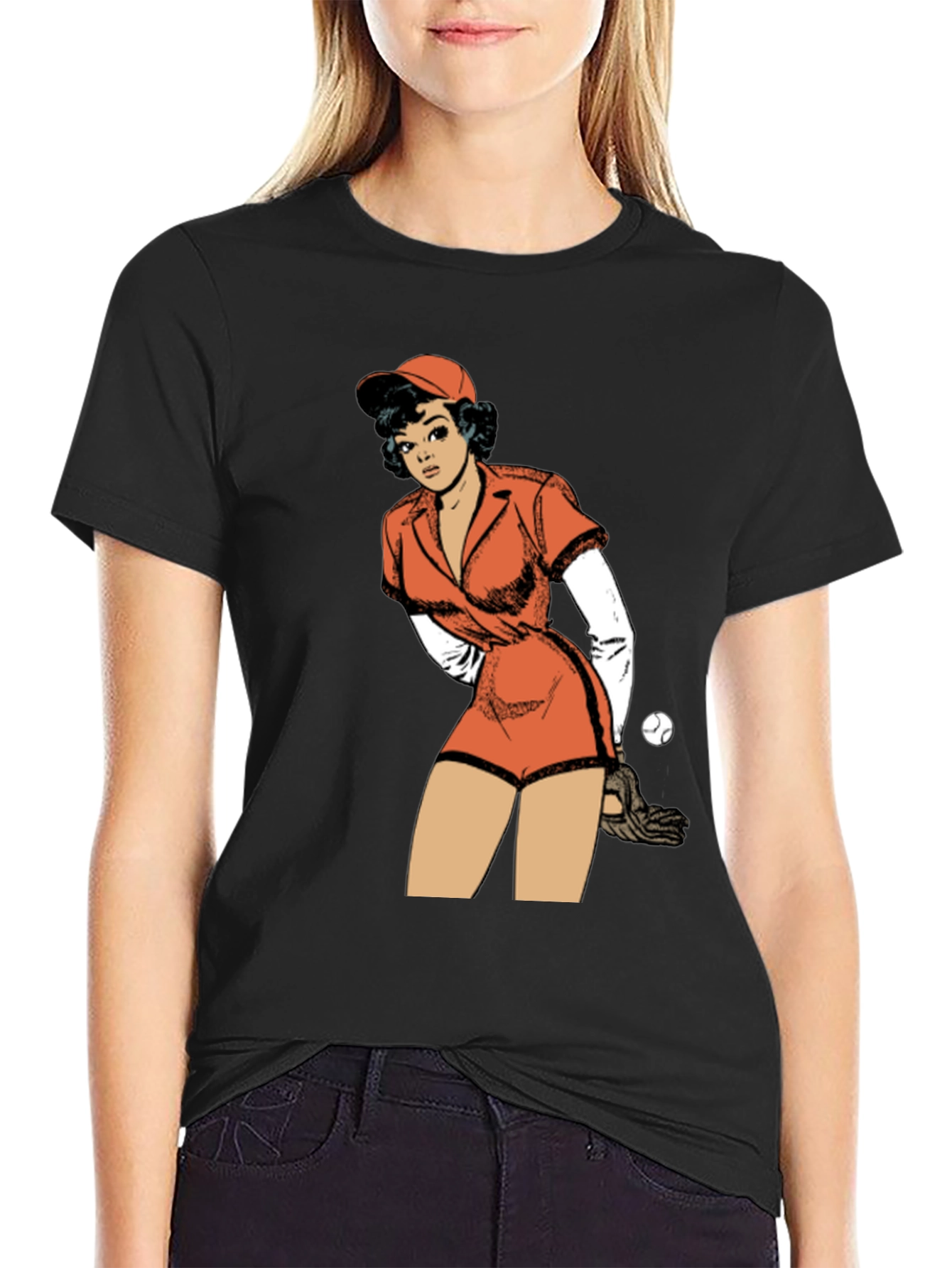 Black Retro Baseball Girl Graphic T-Shirt view 2