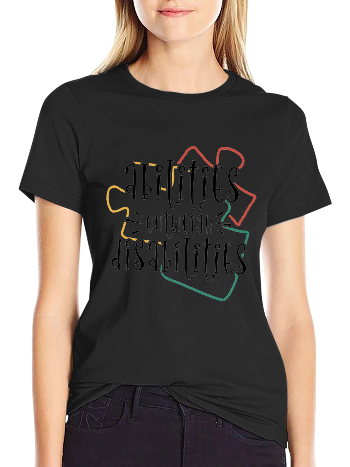 Black Autism Awareness T-Shirt: Abilities Outweigh Disabilities view 2