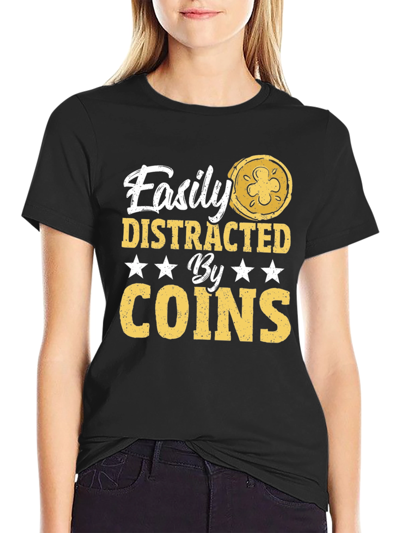 Black Easily Distracted by Coins - Graphic T-Shirt view 2