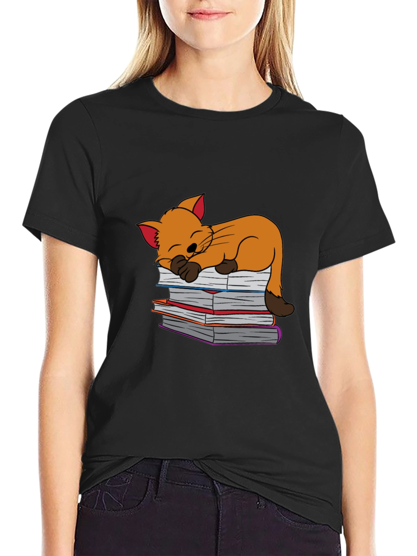 Black Cute Cat Sleeping on Books T-Shirt - Black view 2