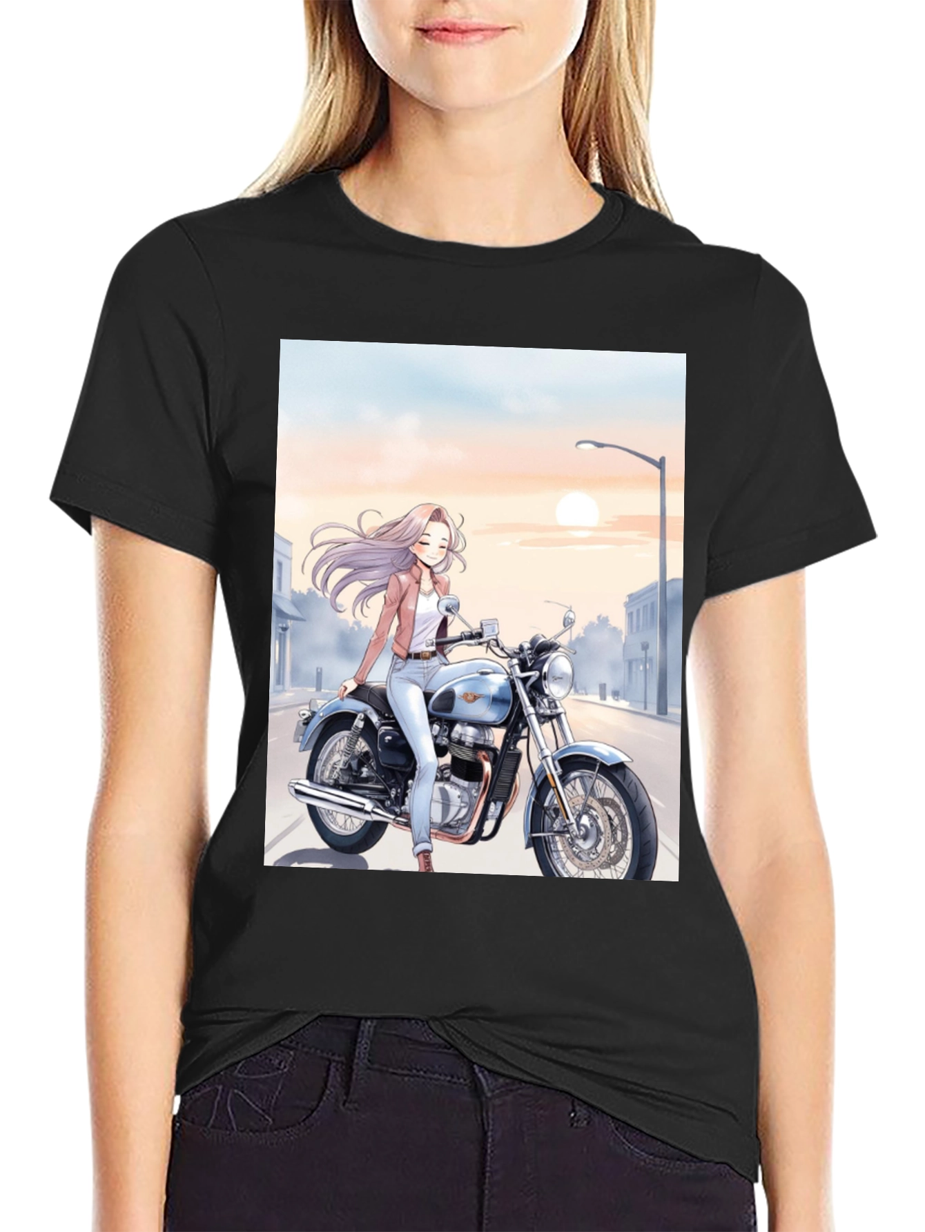 Black Anime Girl Motorcycle T-Shirt - Cool Graphic Tee view 2
