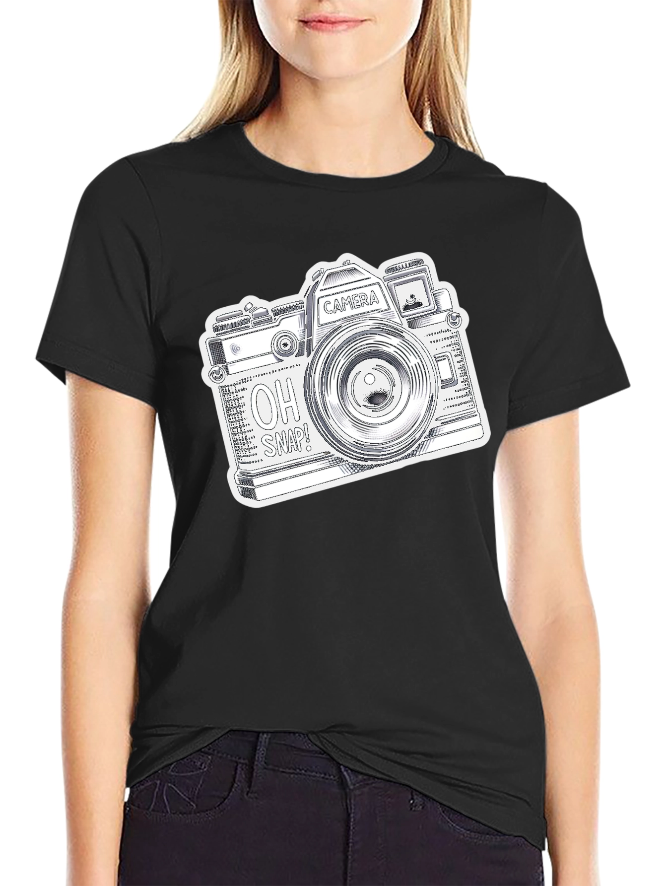 Black Retro Camera Graphic Print Black T-Shirt view 2