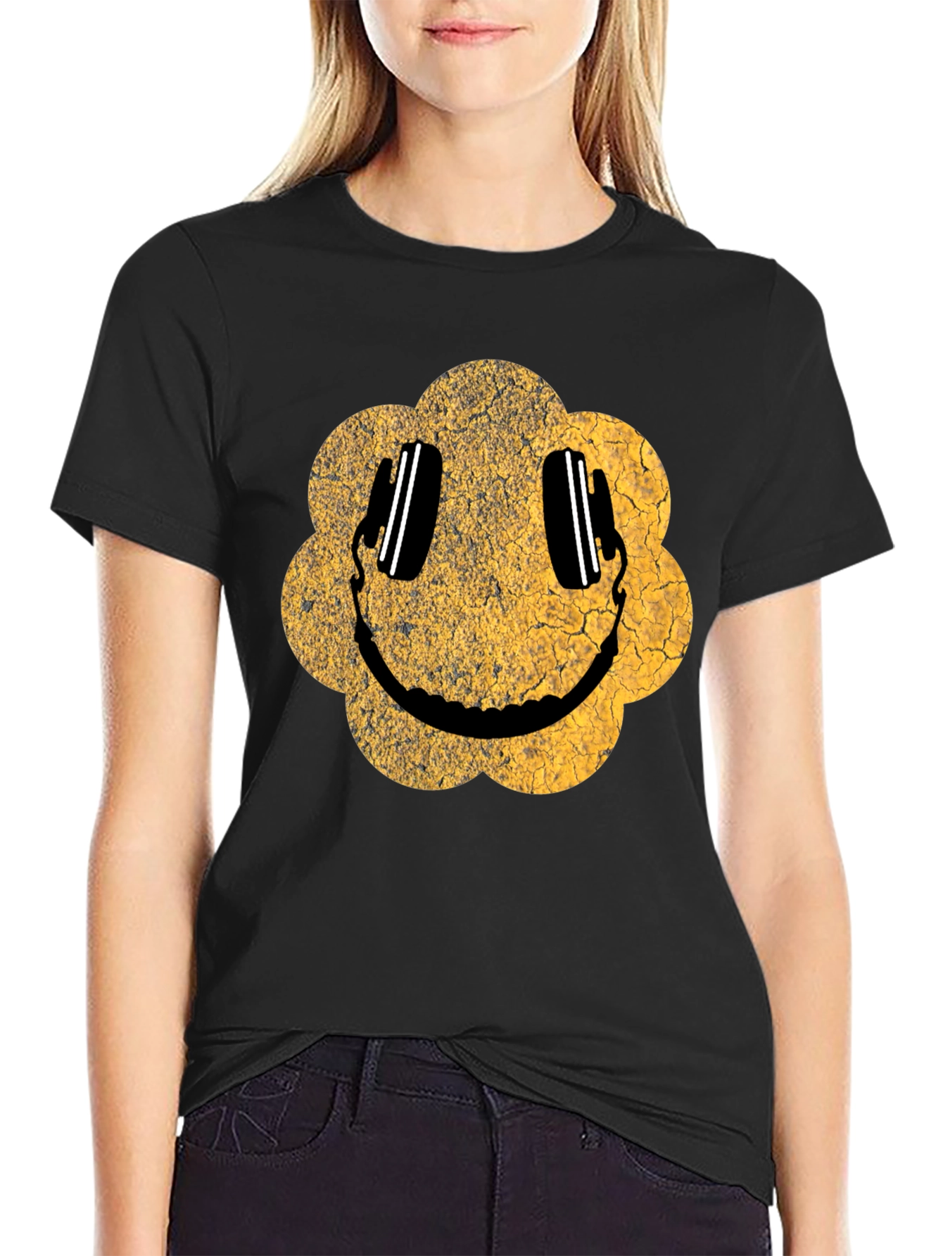 Black Vintage Smiley Face Graphic Tee view 2