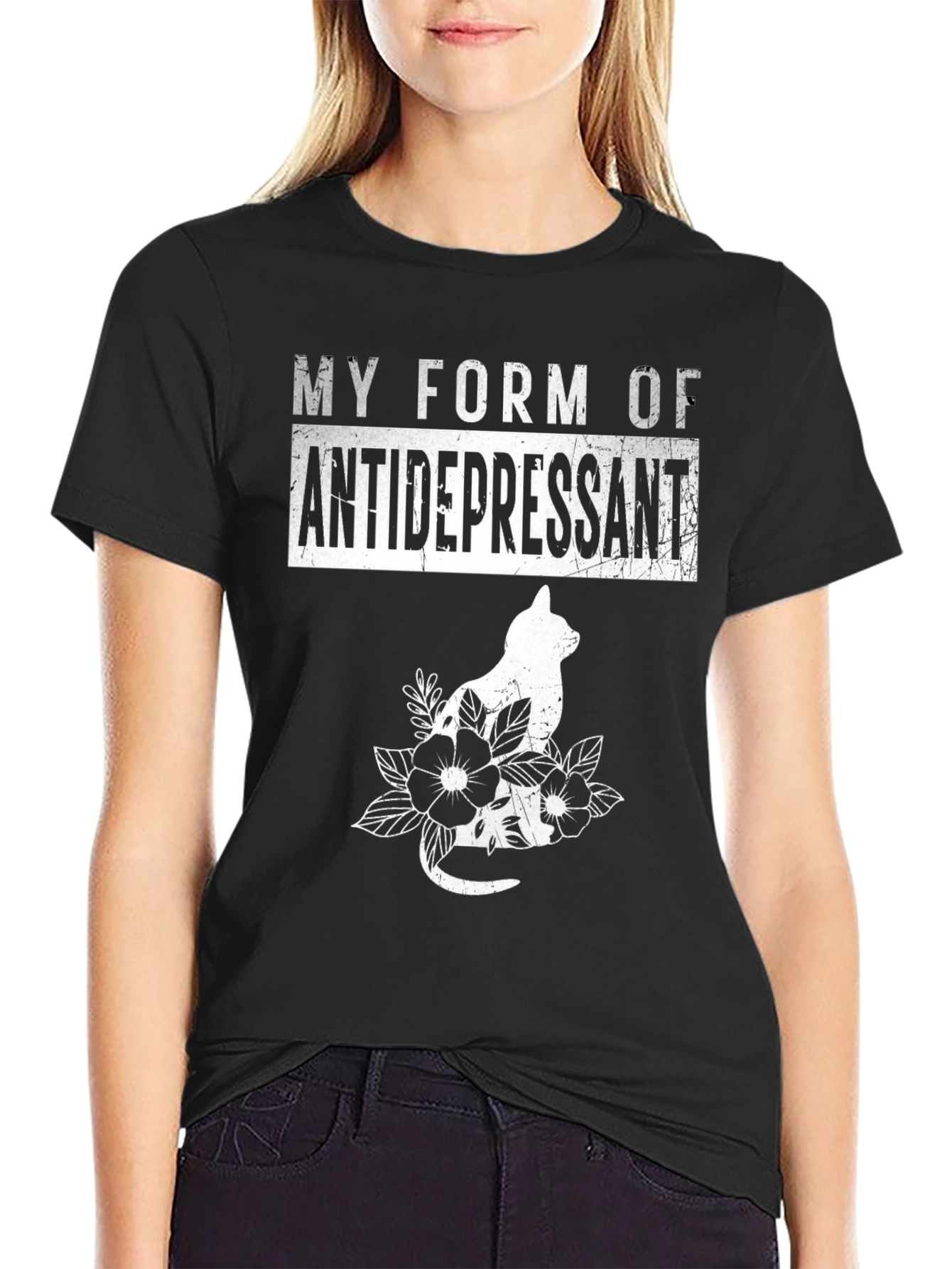 Black Cat Antidepressant Black T-Shirt view 2