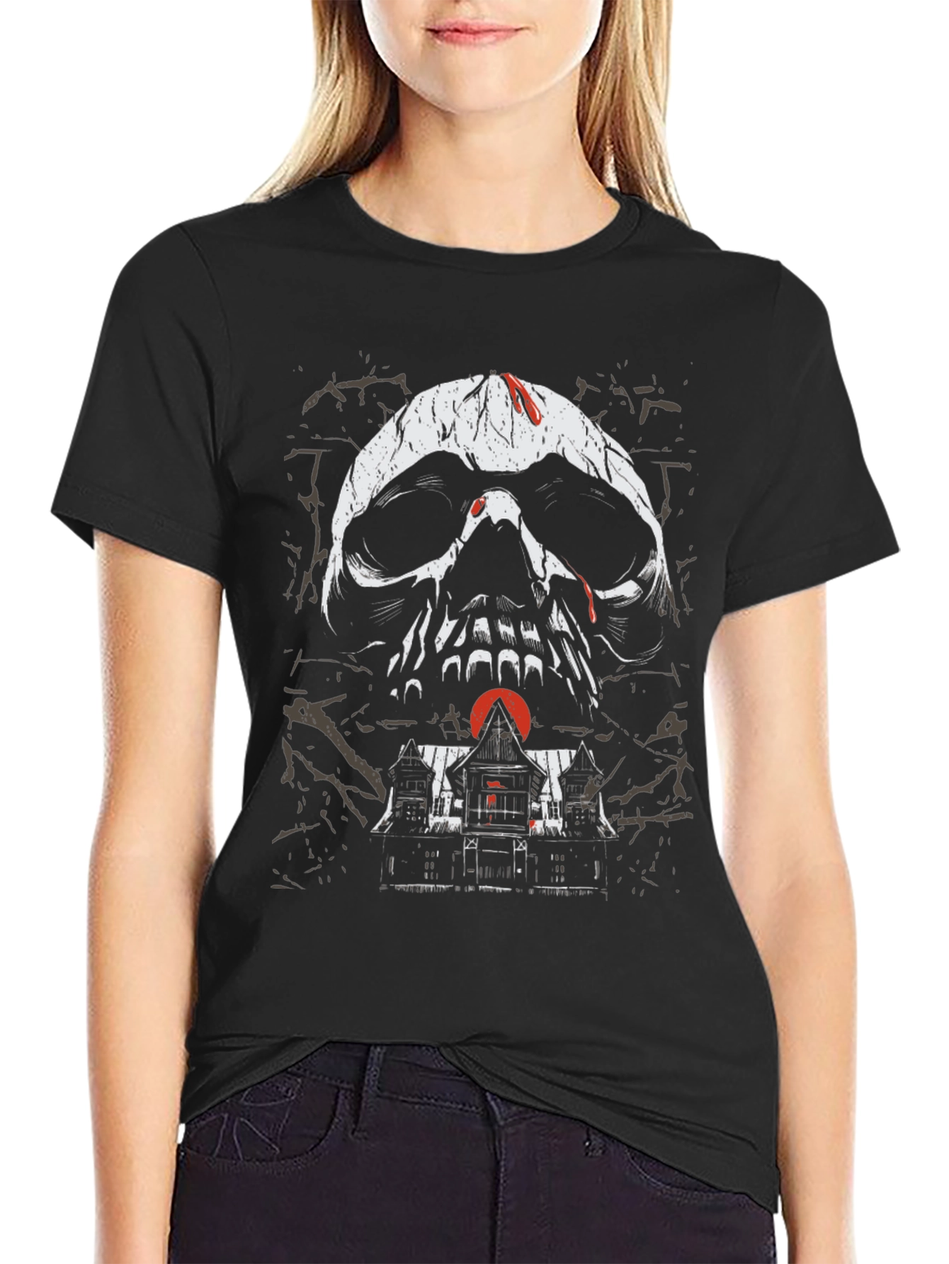 Skull & Haunted House Graphic Tee - Gothic Black T-Shirt - 2