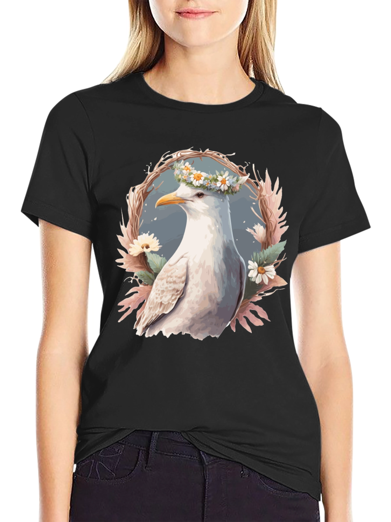 Black Seagull Floral Wreath Graphic Tee view 2