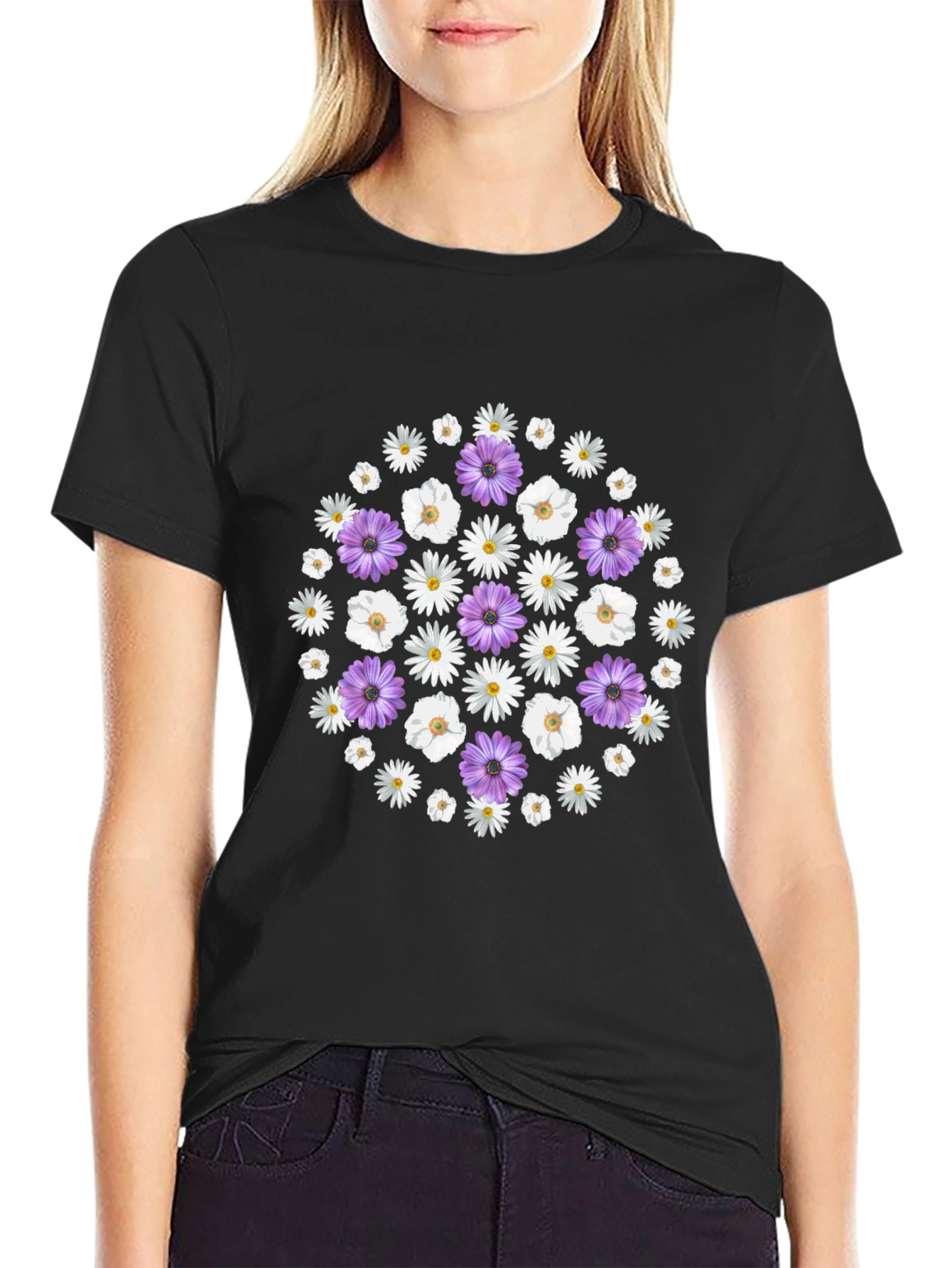 Black Floral Print Crew Neck T-Shirt view 2