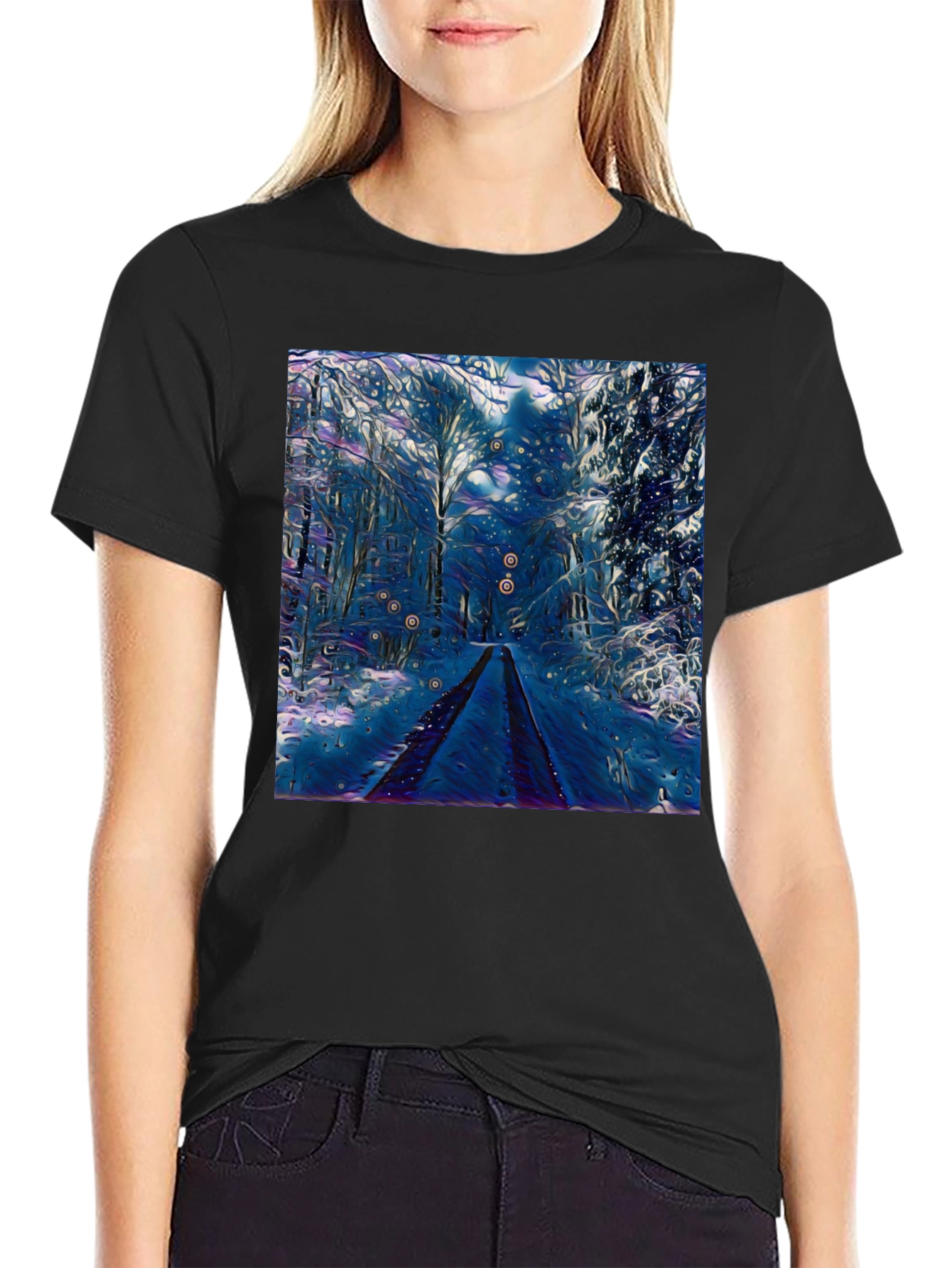 Black Winter Forest Art Graphic Tee - Black Cotton Blend view 2