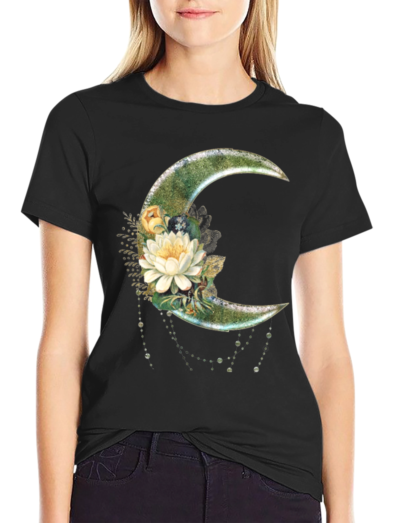 Black Floral Moon Graphic T-Shirt - Stylish Crescent Design view 2