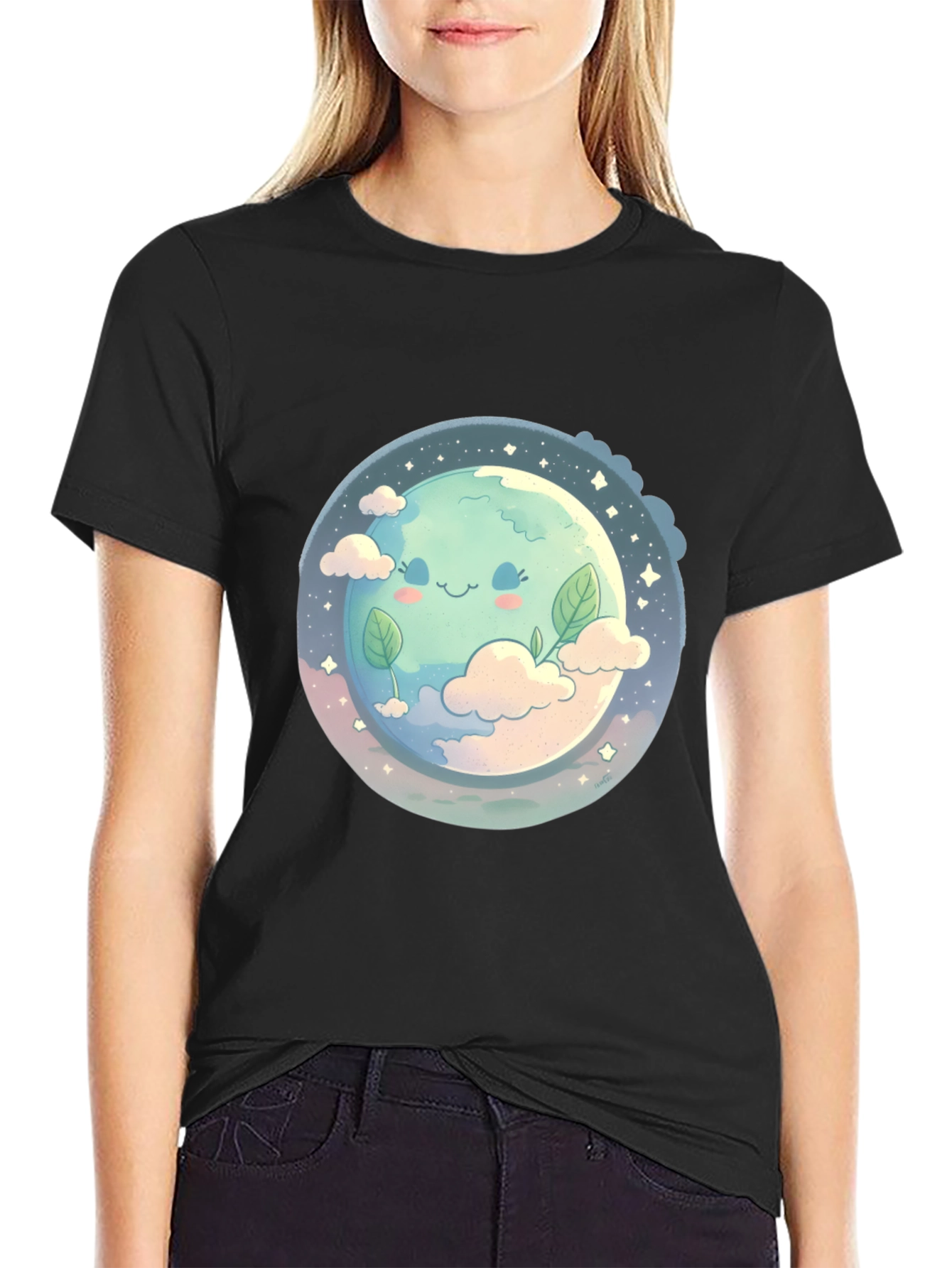 Black Cute Earth Graphic Black T-Shirt view 2