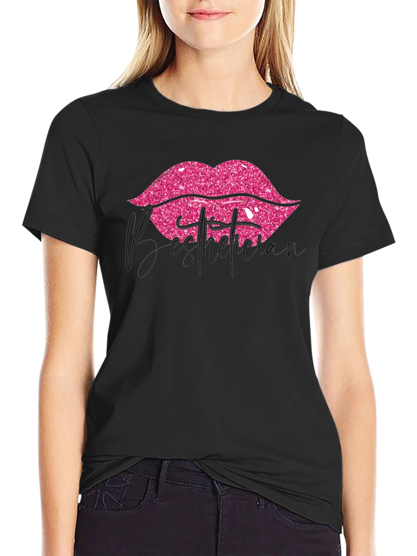 Black Pink Glitter Lips Graphic Black T-Shirt view 2
