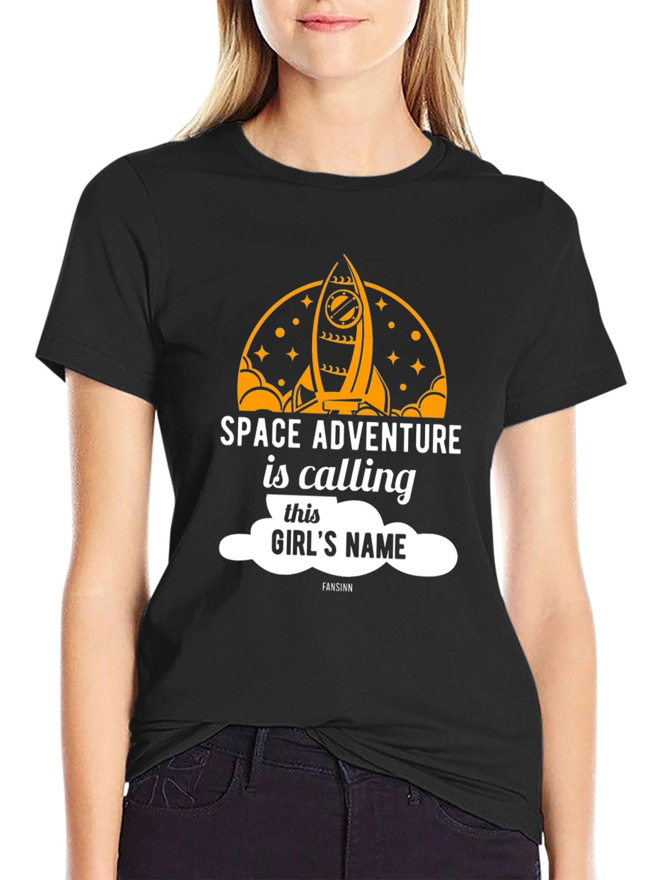 Black Space Adventure Calling Girl's Name T-Shirt view 2