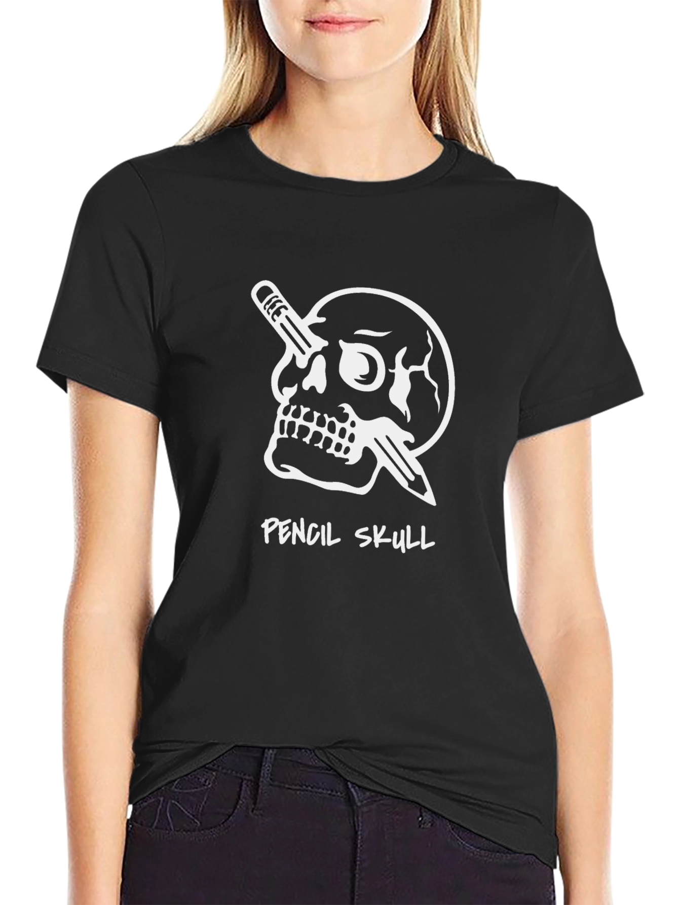 Black Pencil Skull Graphic T-Shirt - Unisex Black Tee view 2