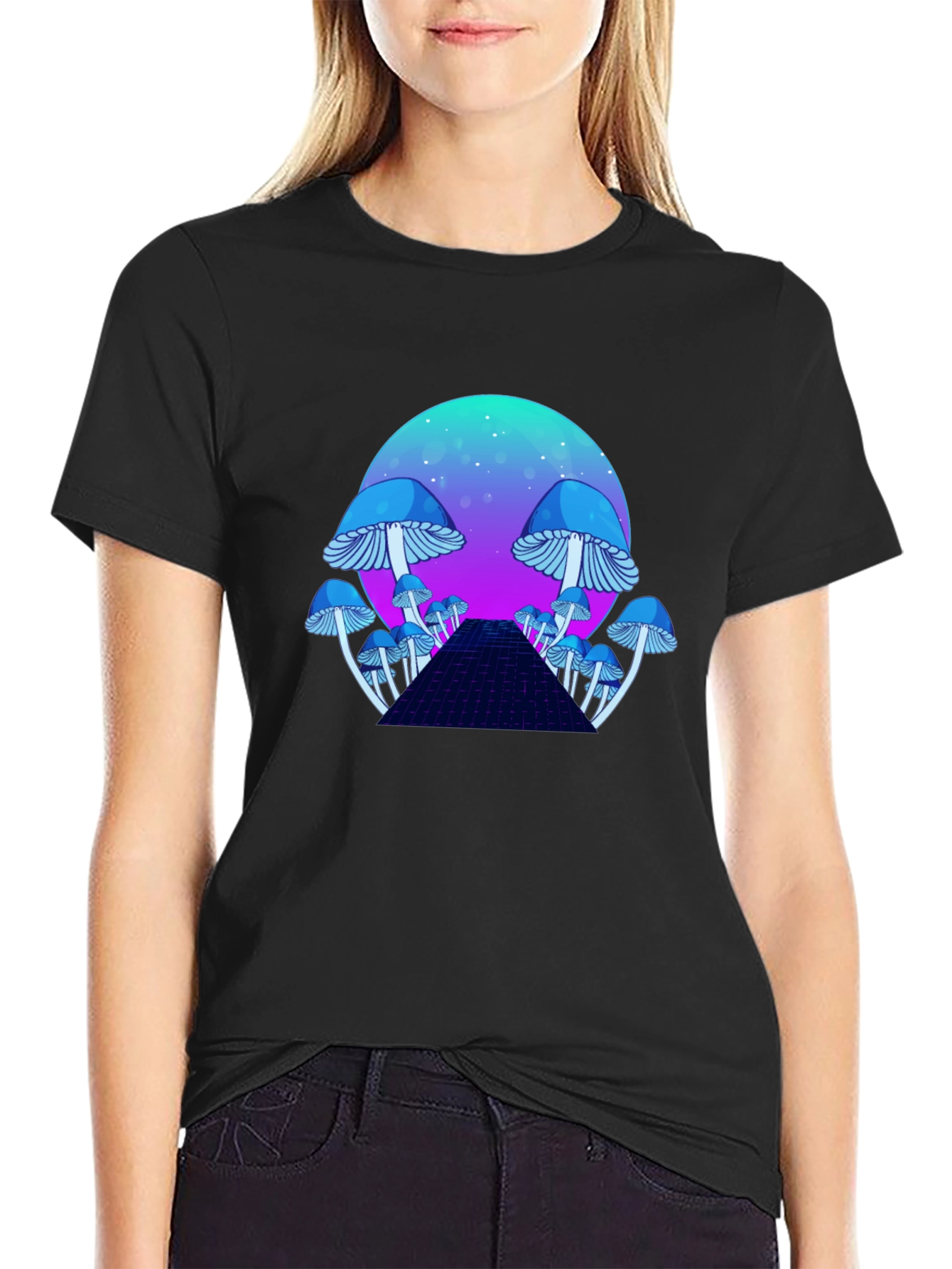 Black Mushroom Galaxy T-Shirt - Retro Synthwave Design view 2