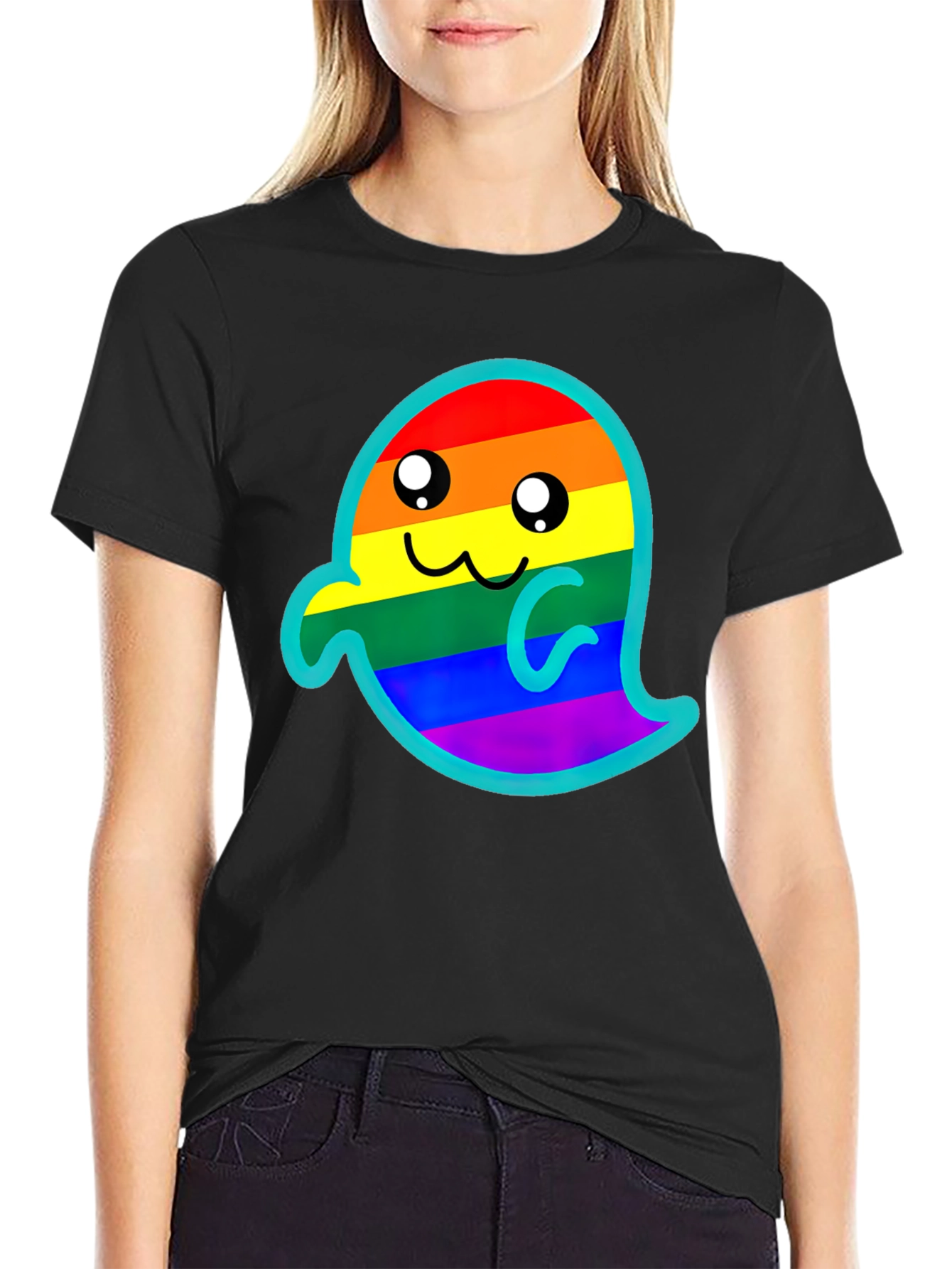 Black Rainbow Ghost Graphic Tee - Soft Cotton Blend view 2