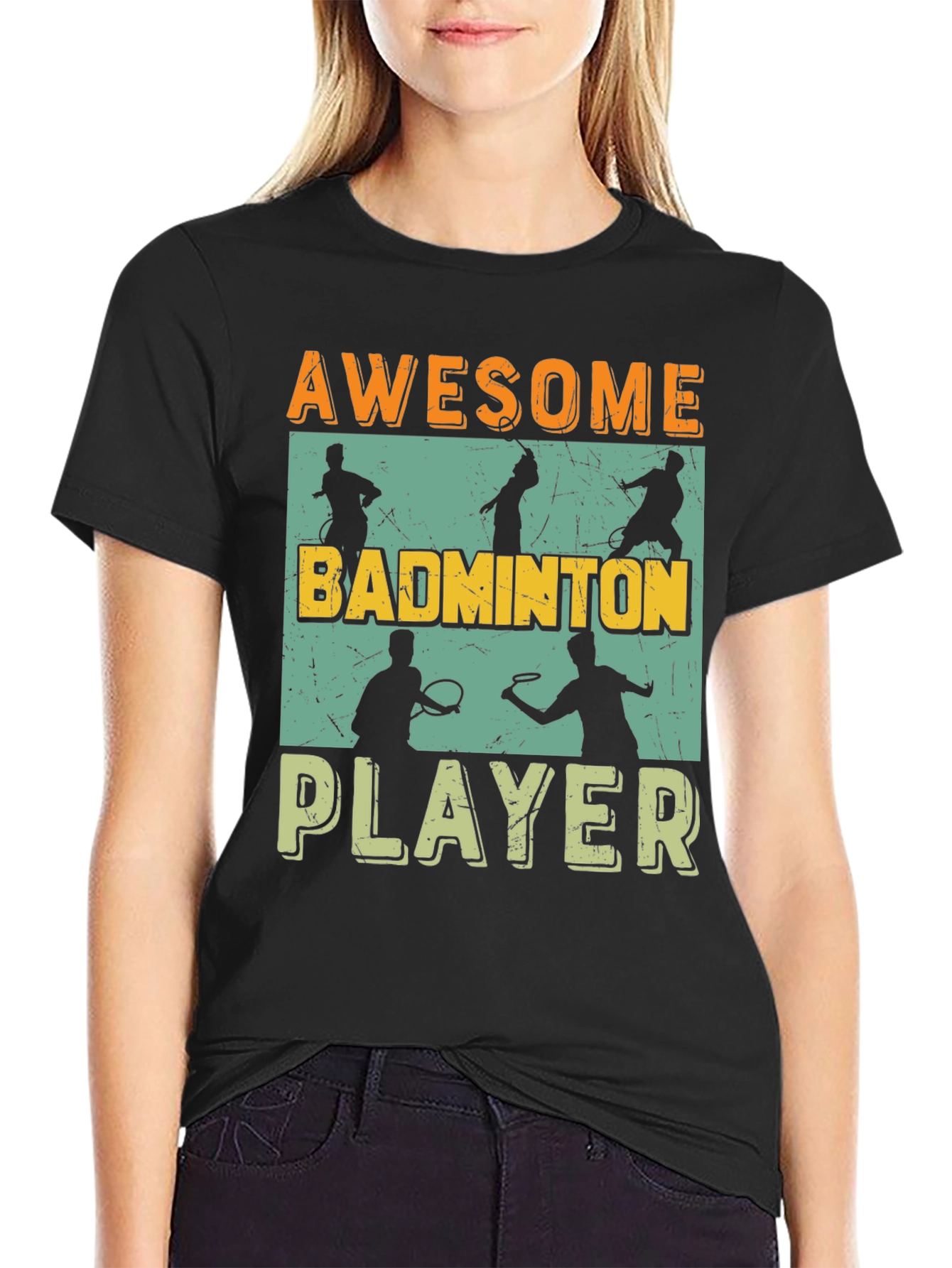 Black Awesome Badminton Player Graphic Tee view 2