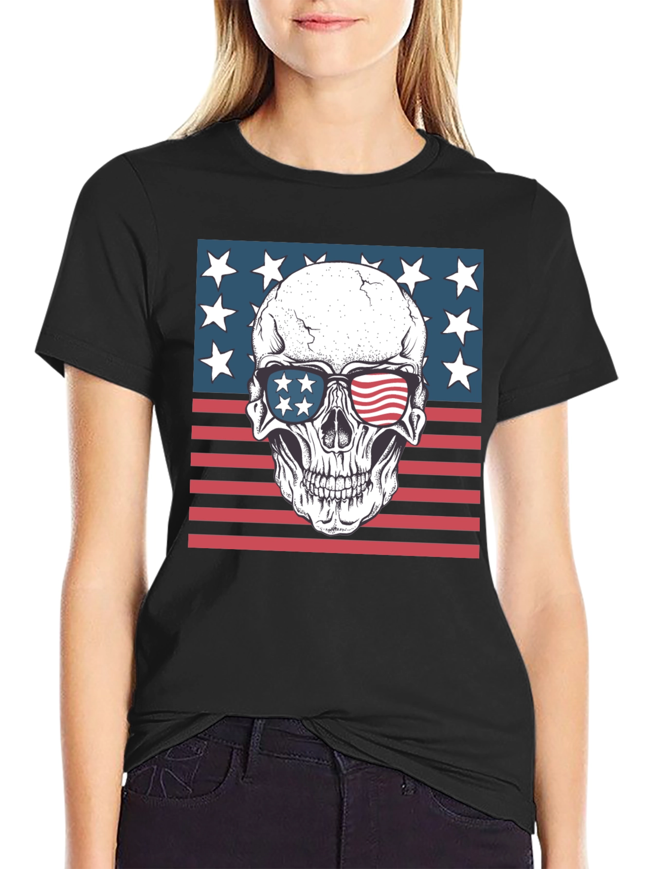 Black American Flag Skull Graphic Tee - Patriotic Style view 2