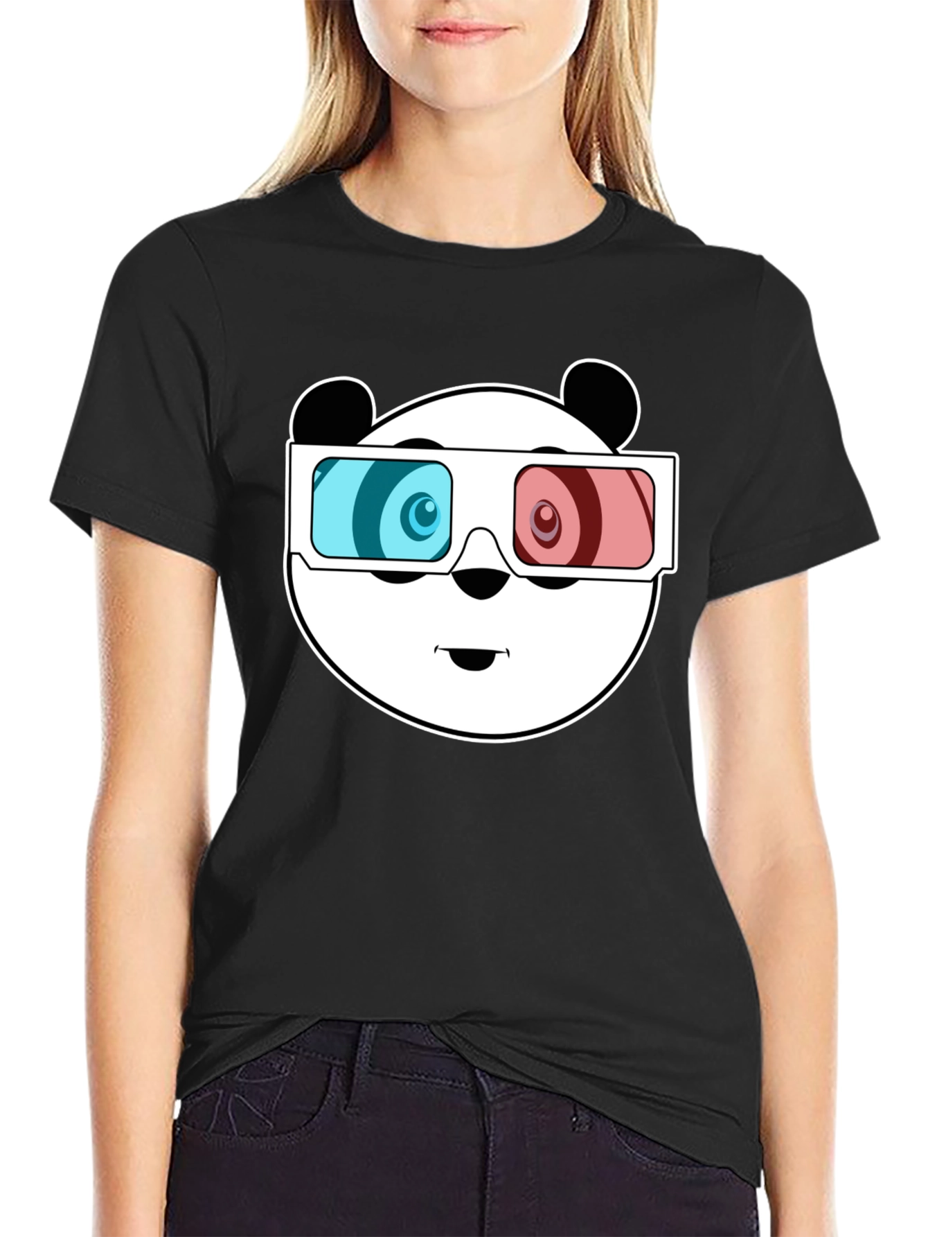 Black Cool Panda 3D Glasses Black T-Shirt view 2