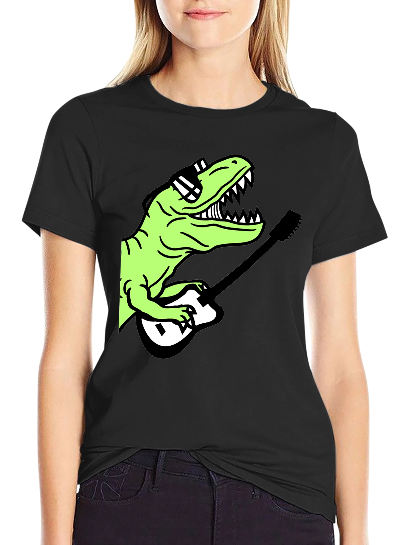 Black Cool Dinosaur Guitar Player Graphic T-Shirt view 2