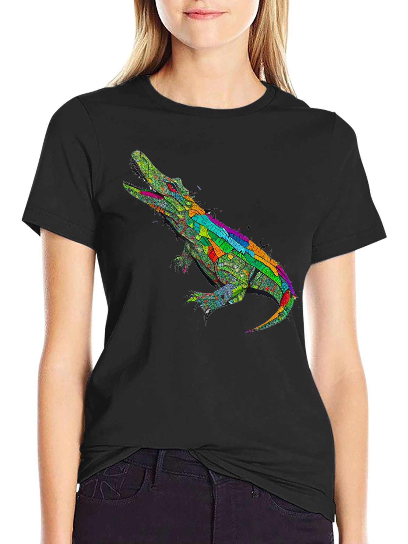 Black Colorful Crocodile Graphic Tee - Black Cotton T-Shirt view 2