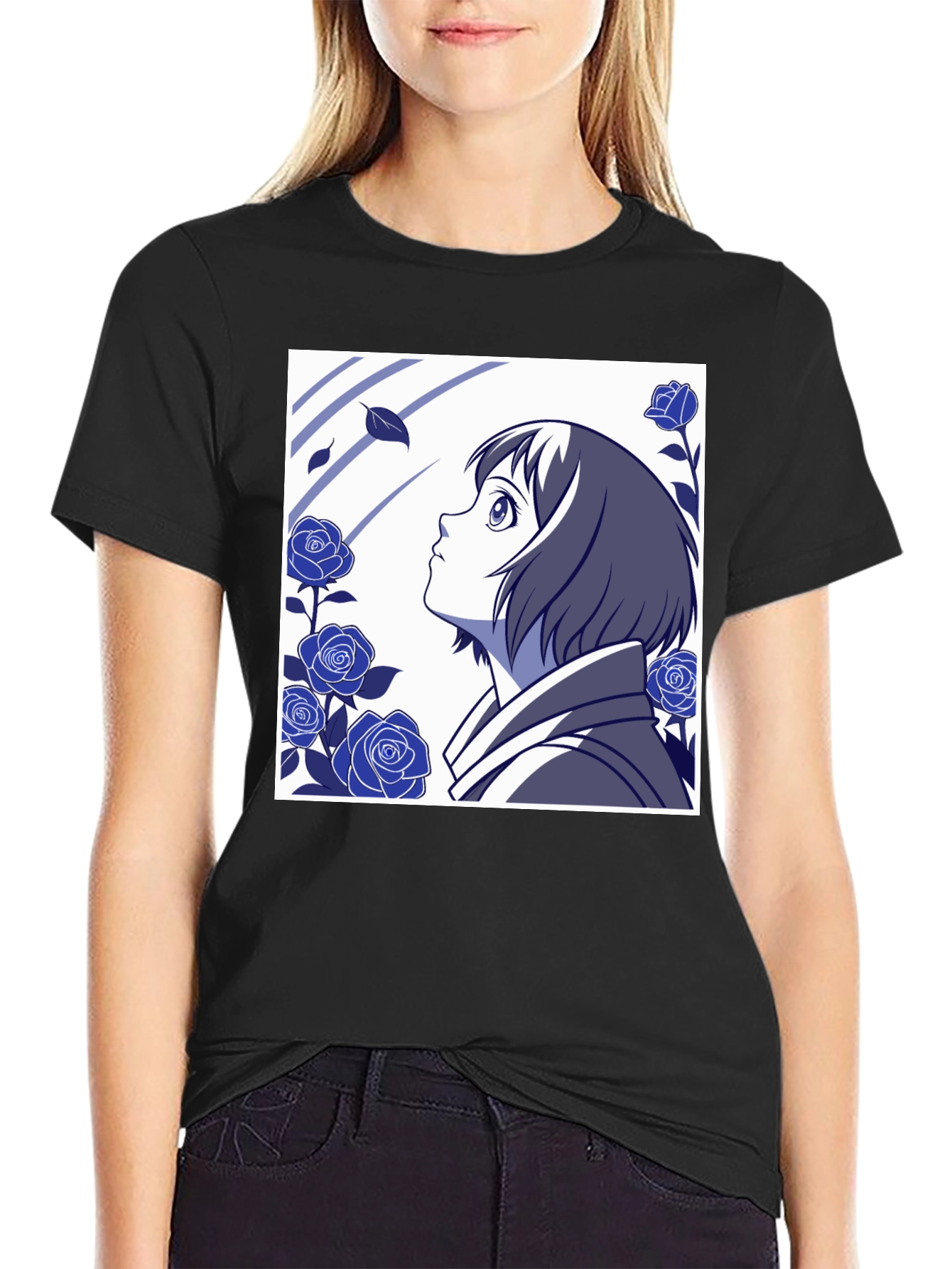 Black Anime Girl & Roses Graphic Tee - Stylish Black T-Shirt view 2