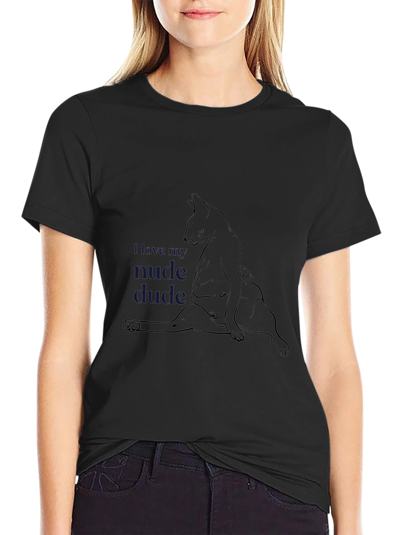 Black Humorous Cat Design Tee - I Love My Nude Dude view 2