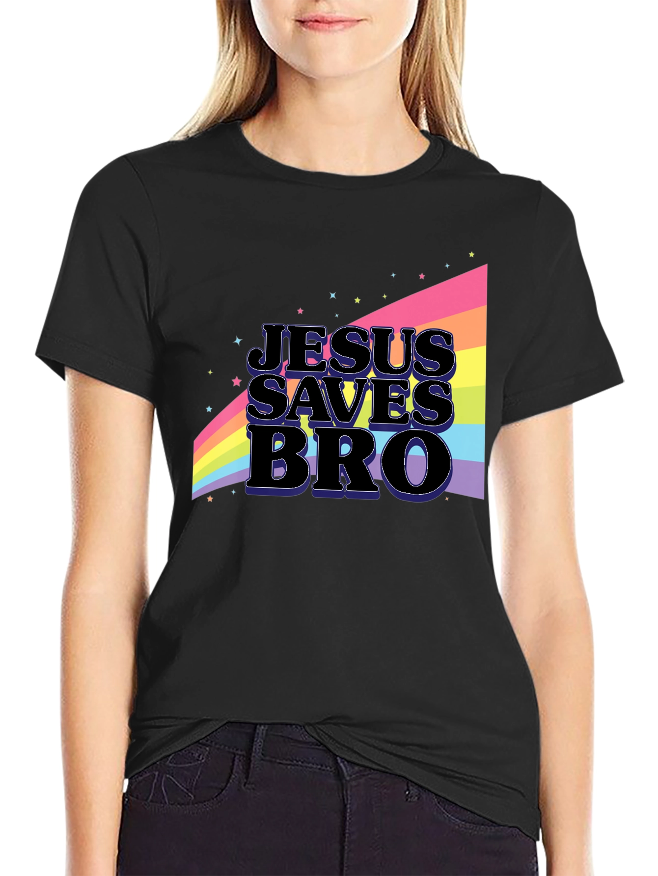 Black Jesus Saves Bro Rainbow Graphic T-Shirt view 2