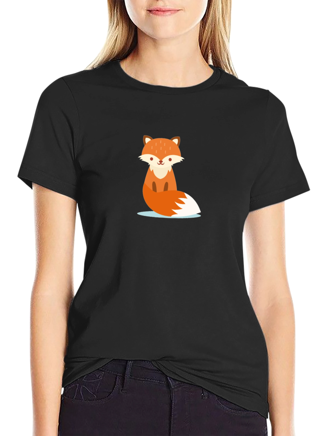 Black Cute Cartoon Fox Black T-Shirt view 2