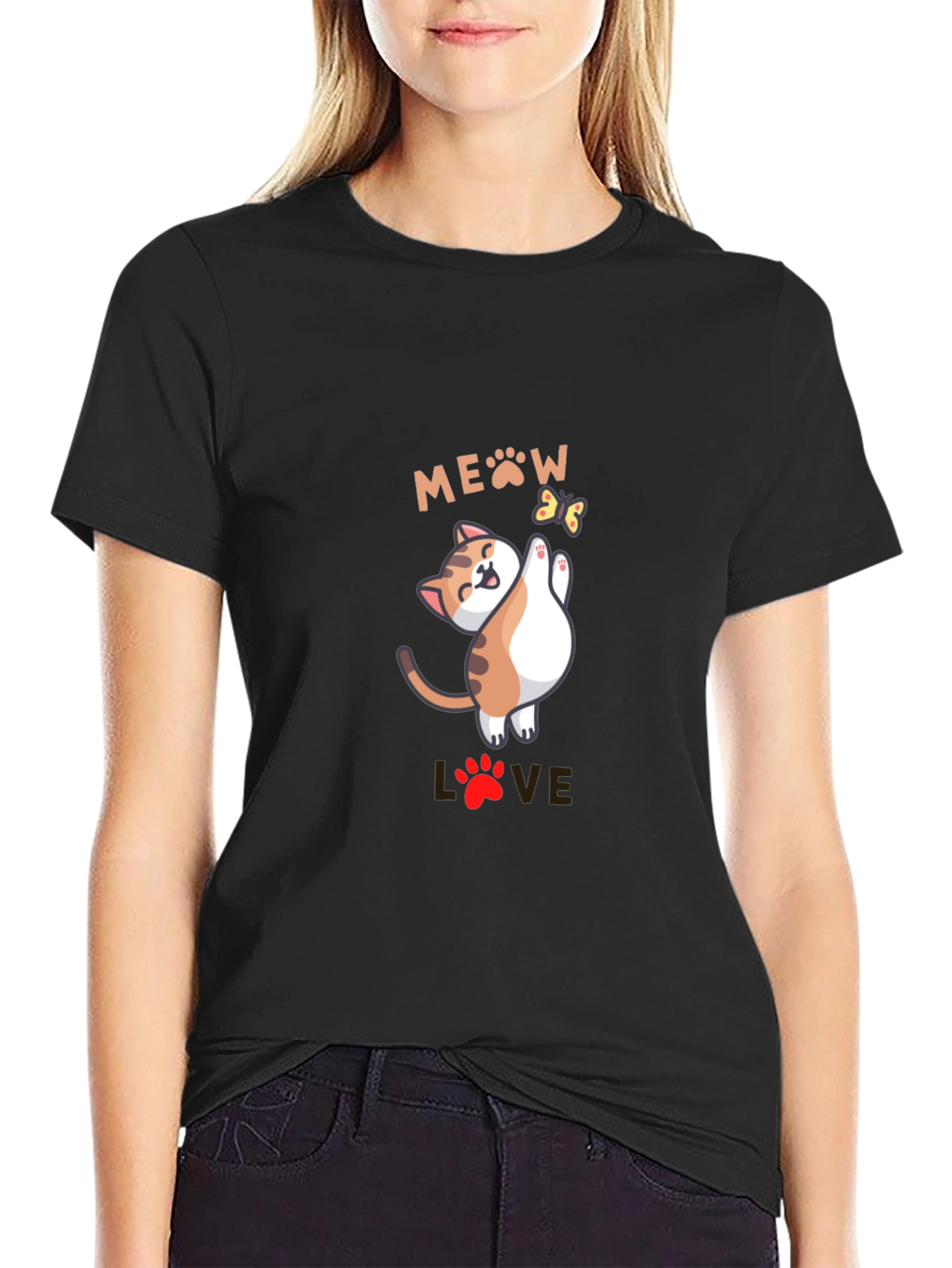 Black Cute Meow Love Cat Graphic Black T-Shirt view 2