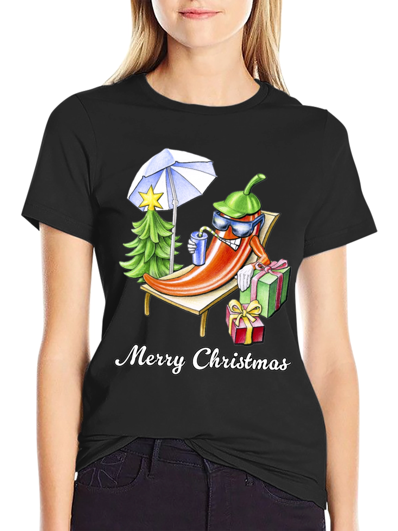 Black Holiday Heat T-Shirt: Merry Christmas Pepper Design view 2