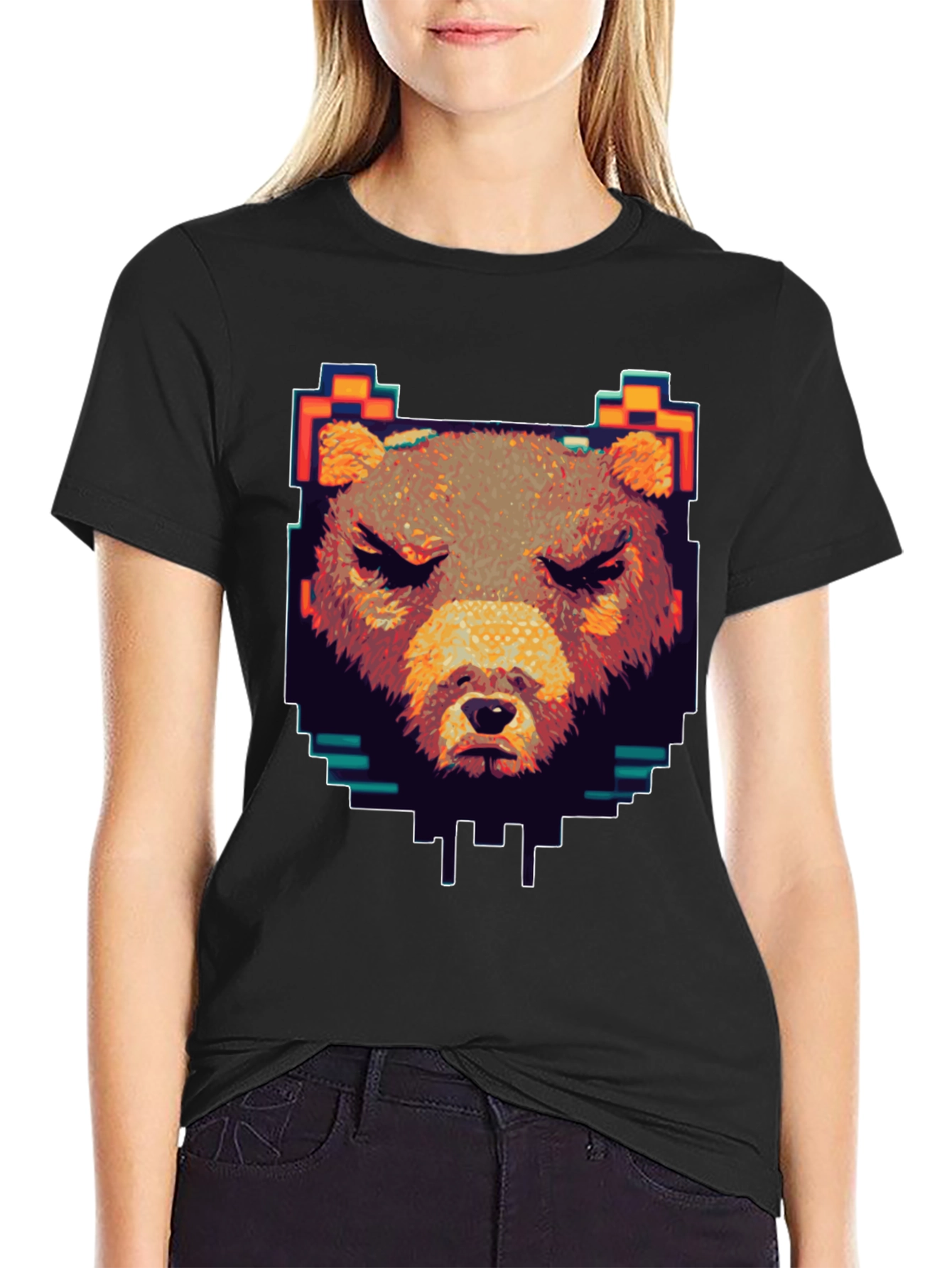 Black Pixel Bear Graphic T-Shirt - Black Crew Neck view 2