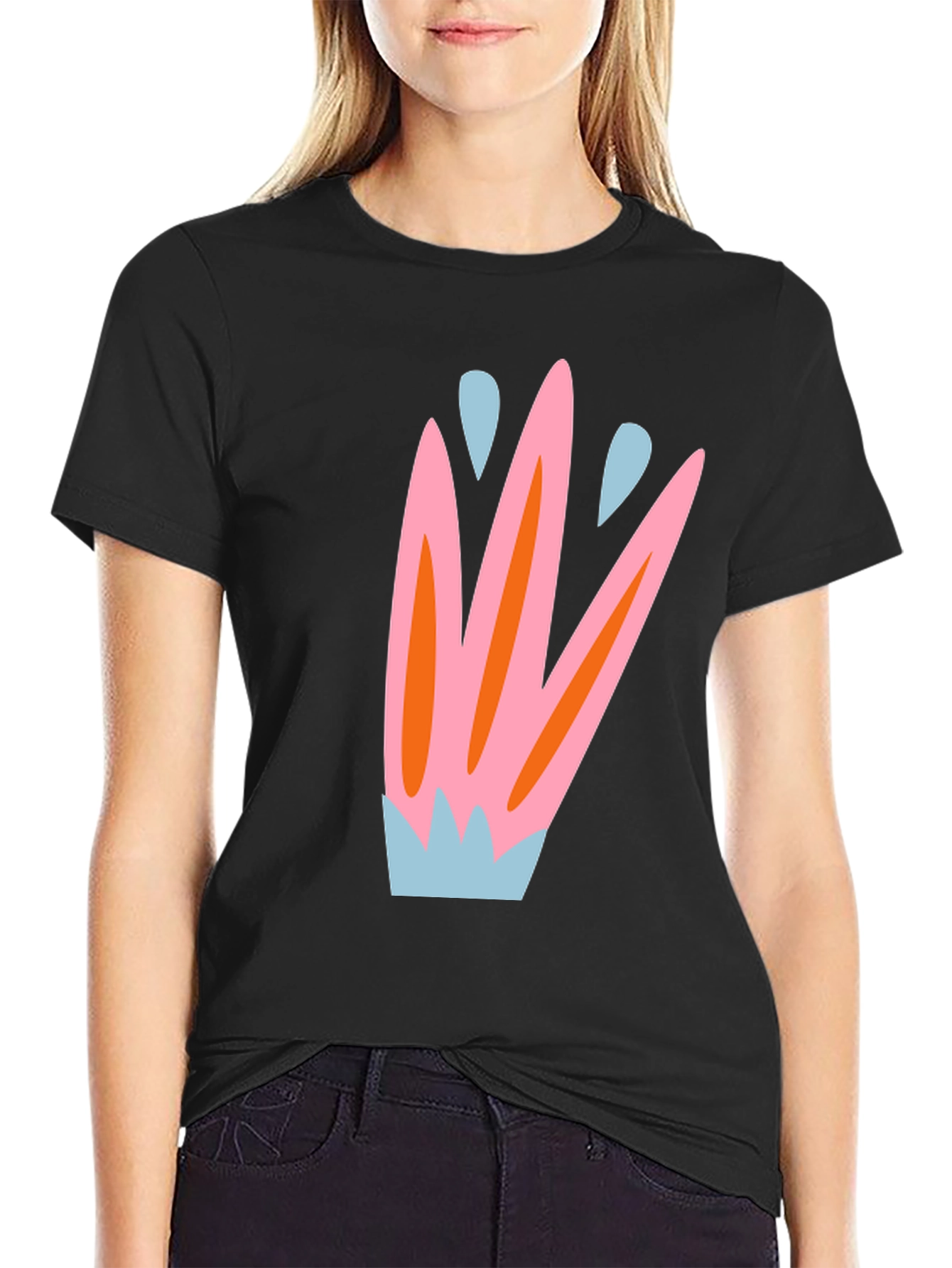 Black Abstract Floral Print Black T-Shirt view 2