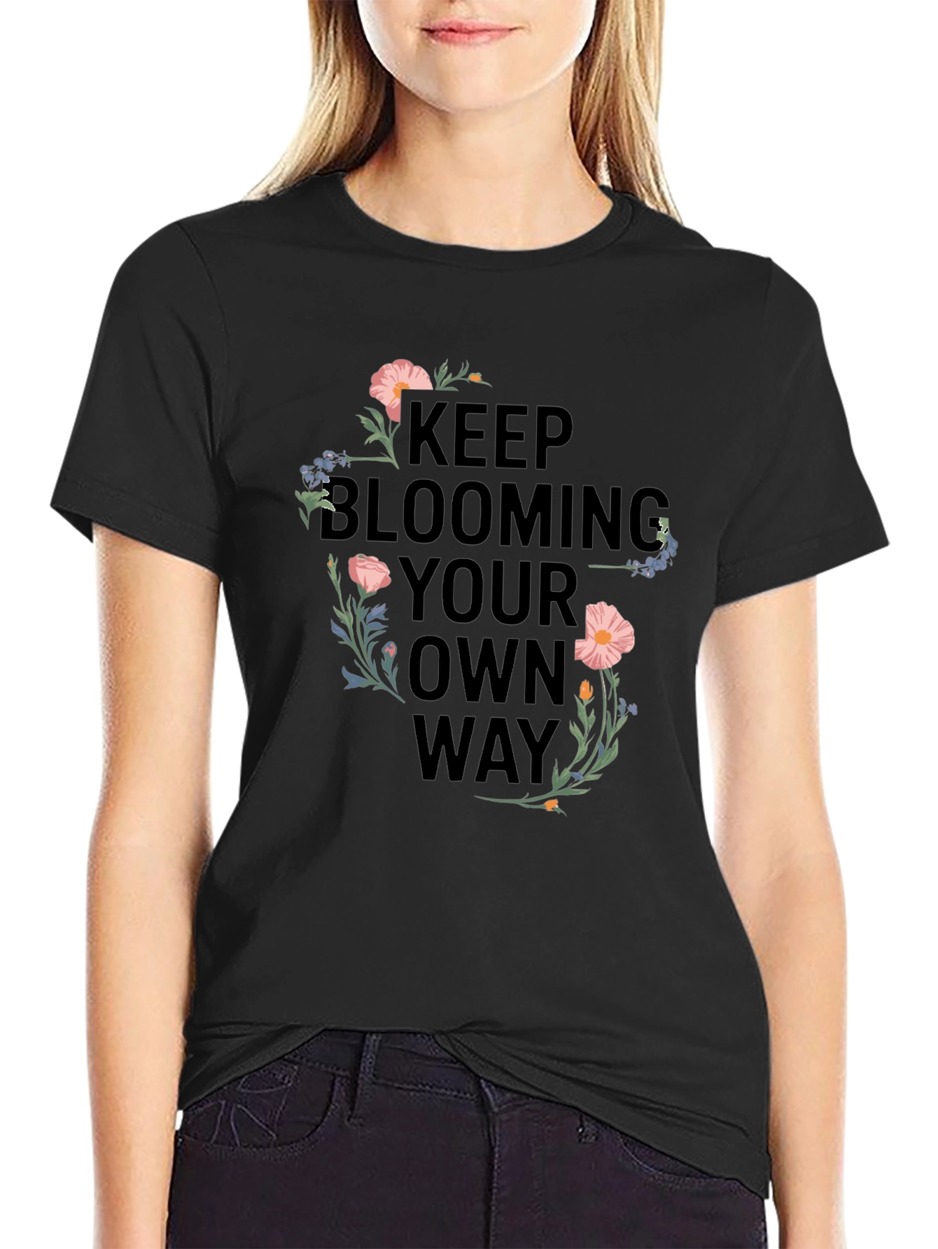 Black Keep Blooming T-Shirt - Floral Design view 2