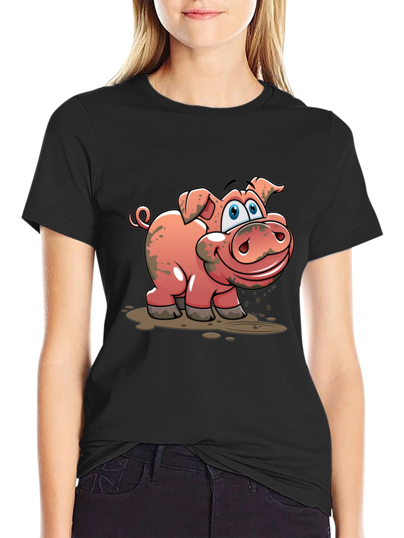 Black Muddy Pig Cartoon Graphic T-Shirt - Unisex Casual Tee view 2