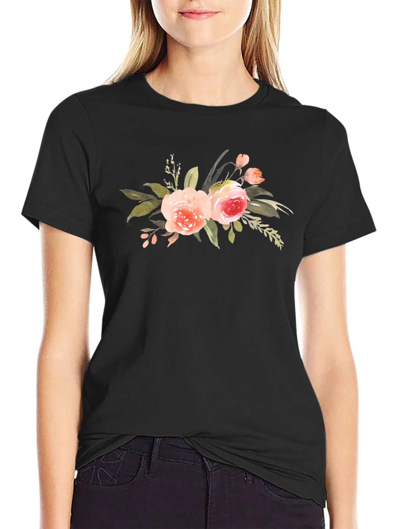 Black Floral Print Black T-Shirt: Stylish and Comfortable view 2