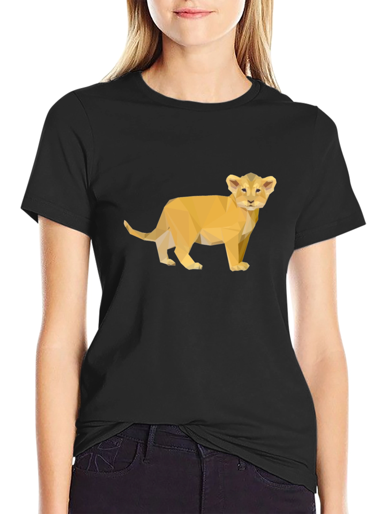 Black Lion Cub Poly Art Black T-Shirt view 2