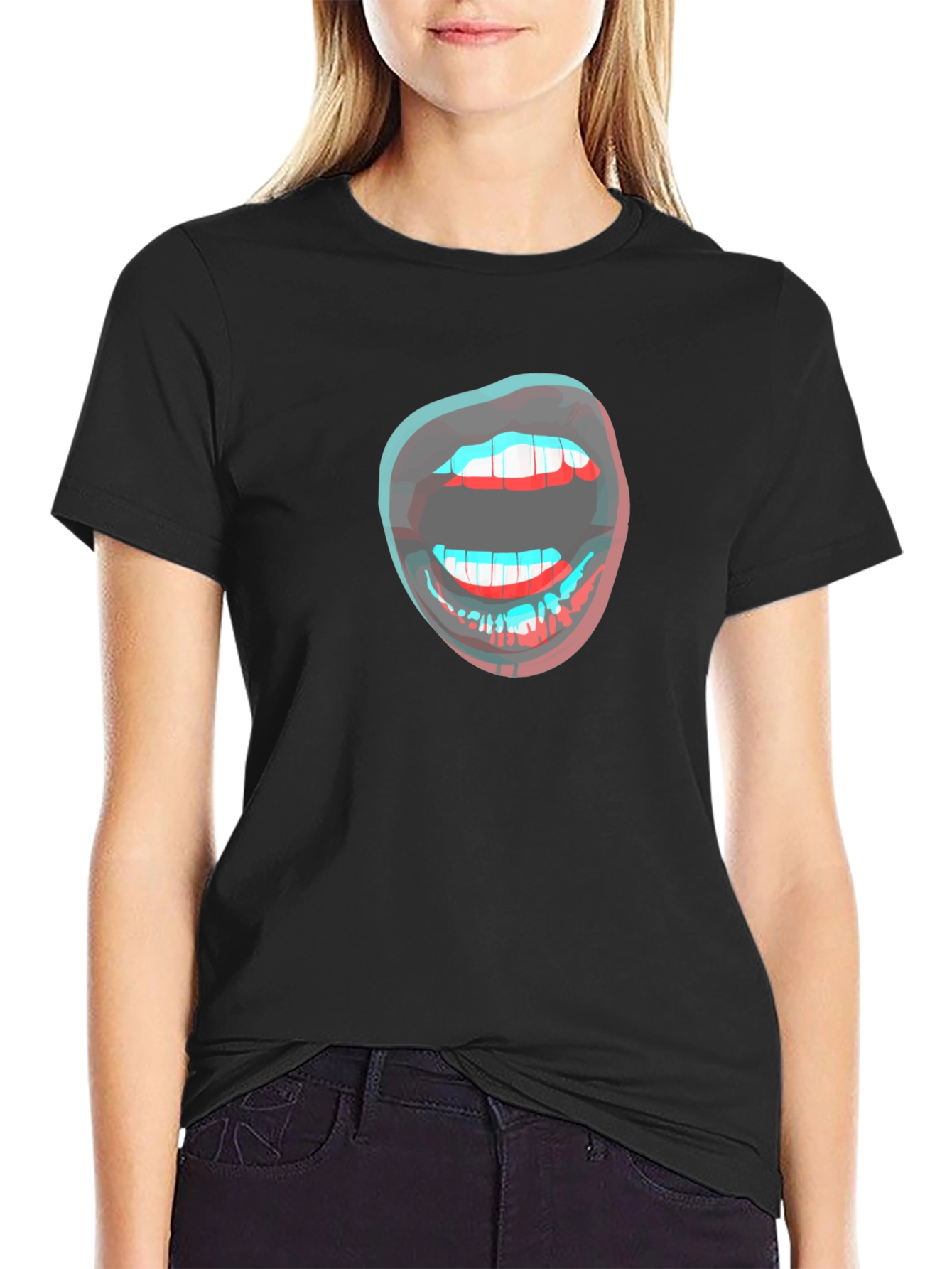 Black 3D Lips Graphic Black T-Shirt view 2
