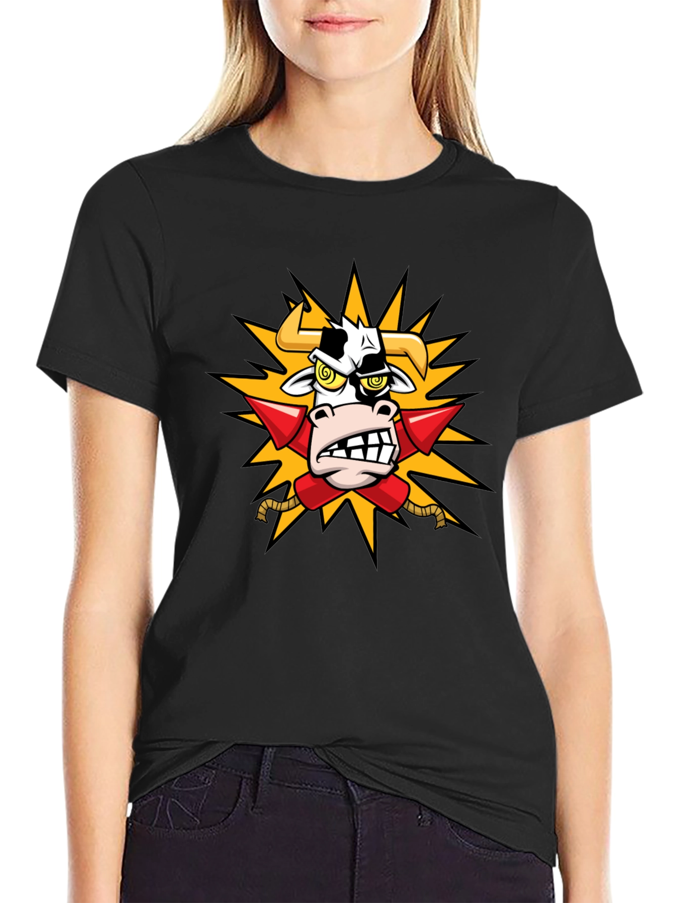 Black Cow with Rockets T-Shirt - Funny Cartoon Tee view 2