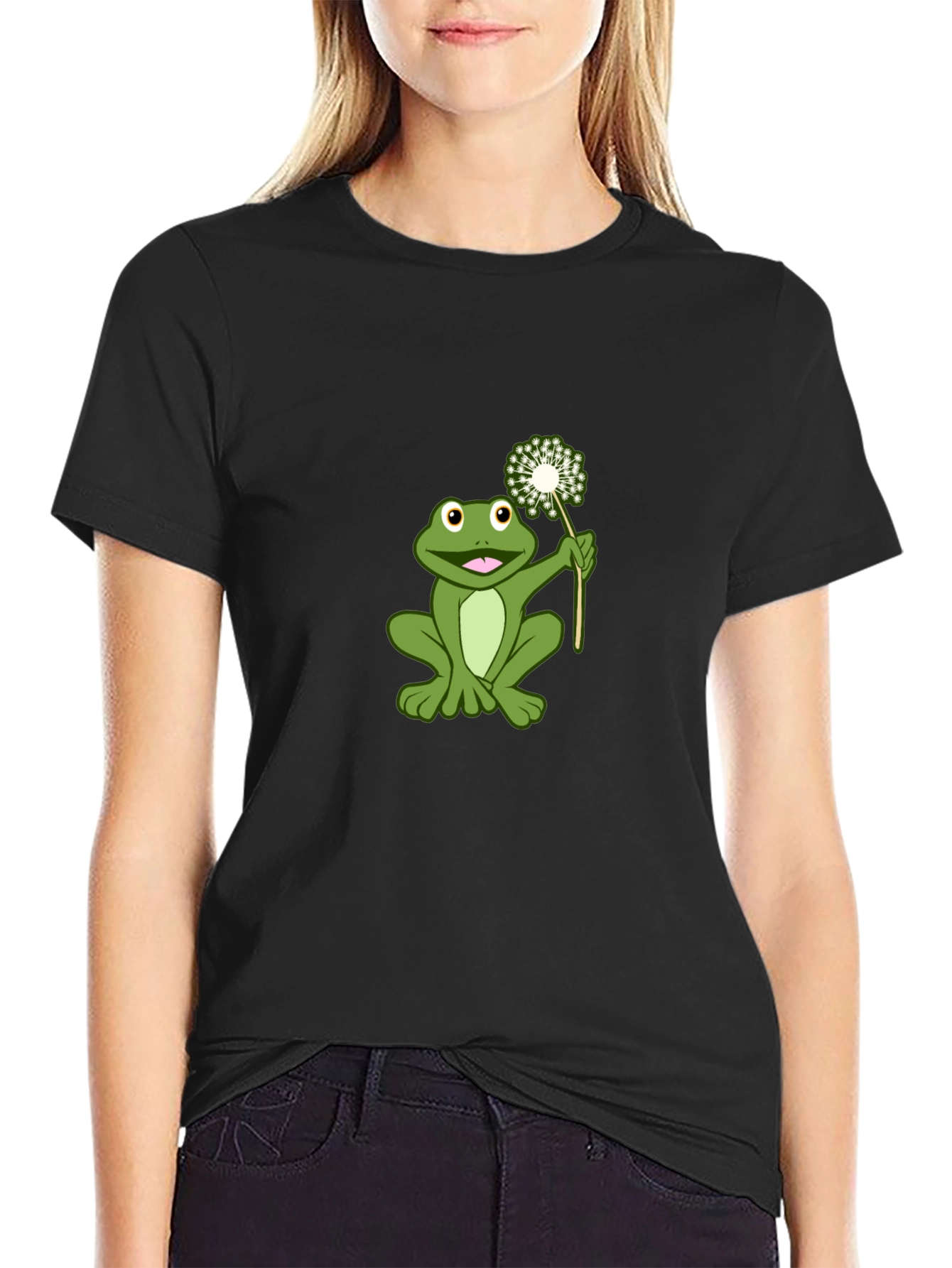 Black Frog Holding Dandelion Graphic Tee view 2