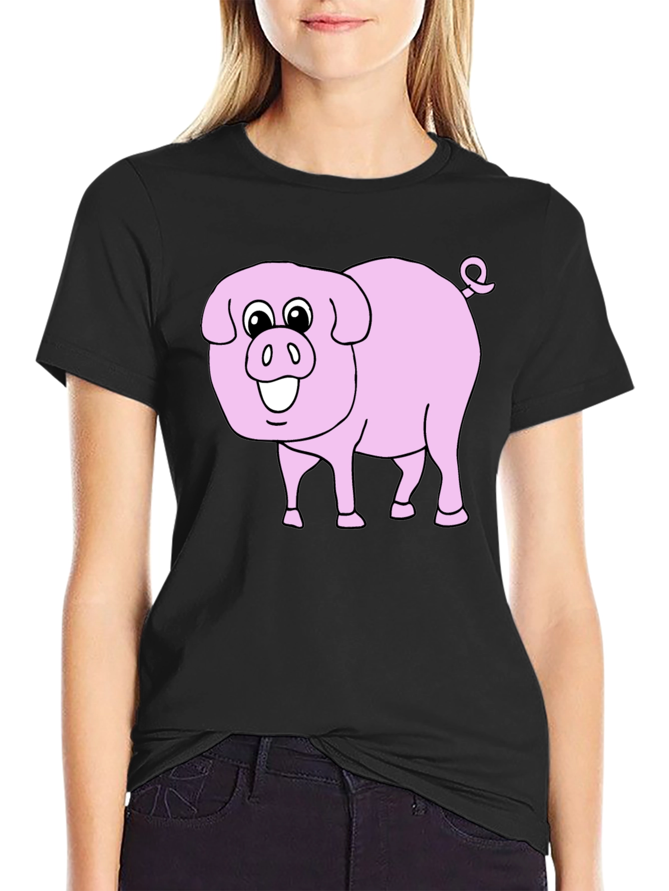 Black Cute Pig Graphic Tee - Black Cotton Blend view 2
