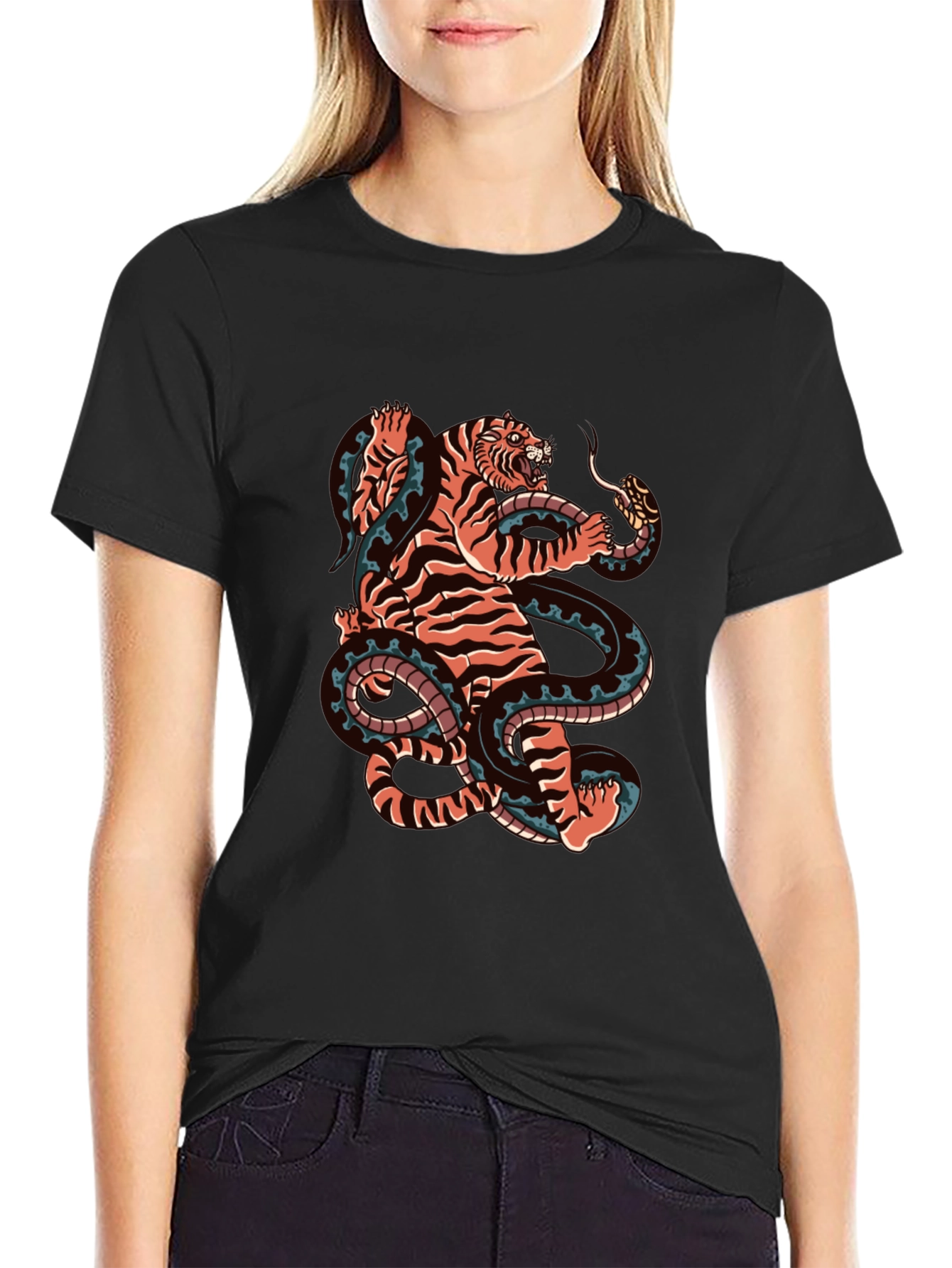 Black Tiger and Snake Graphic Black Tee view 2