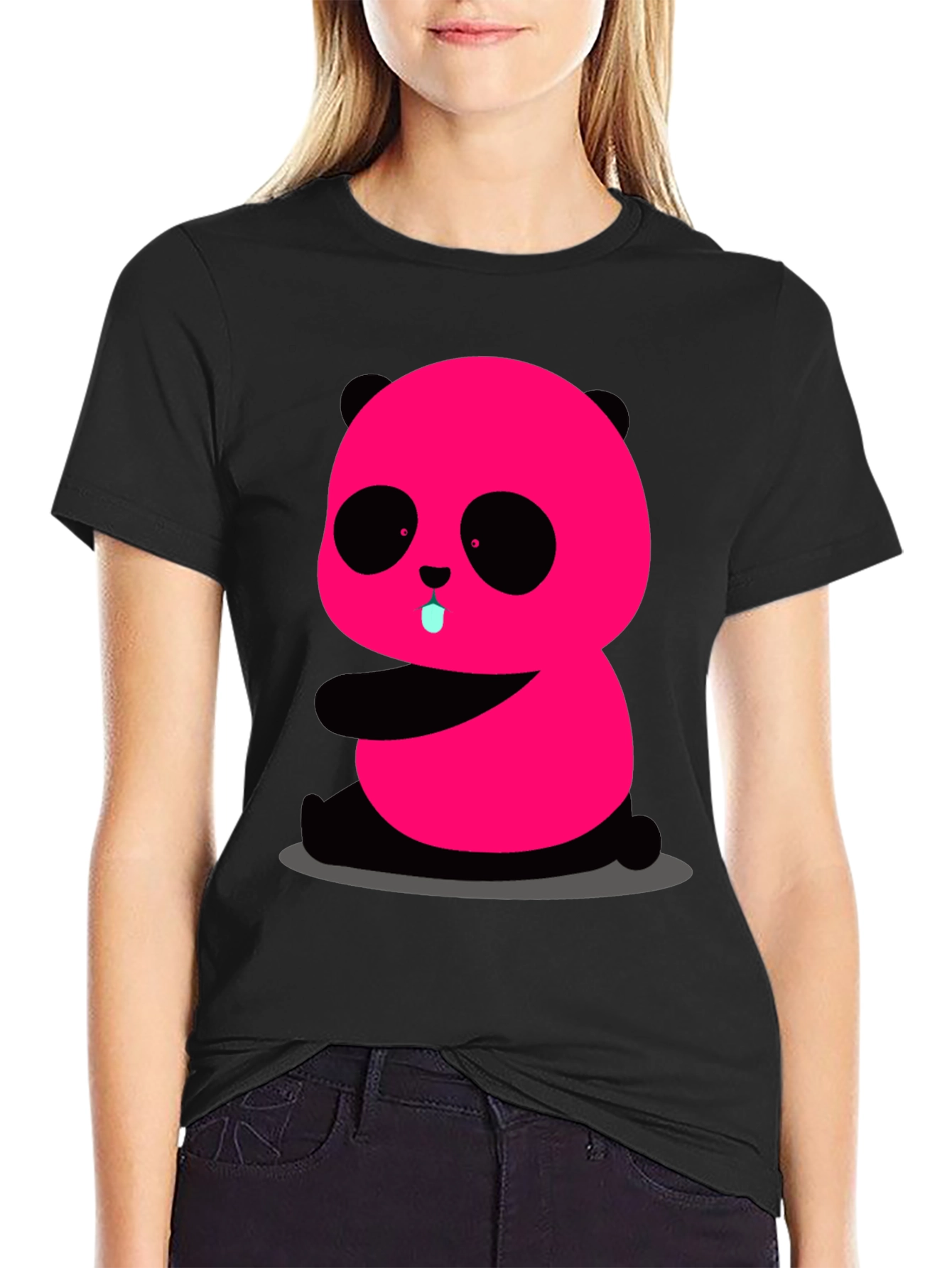 Black Pink Panda Graphic Tee - Cute & Fun Black T-Shirt view 2