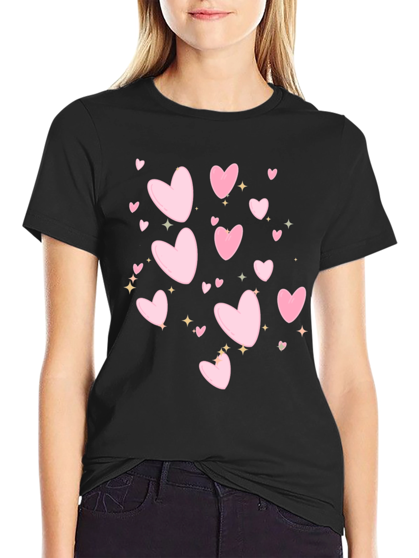 Black Heart Print Black Casual T-Shirt view 2