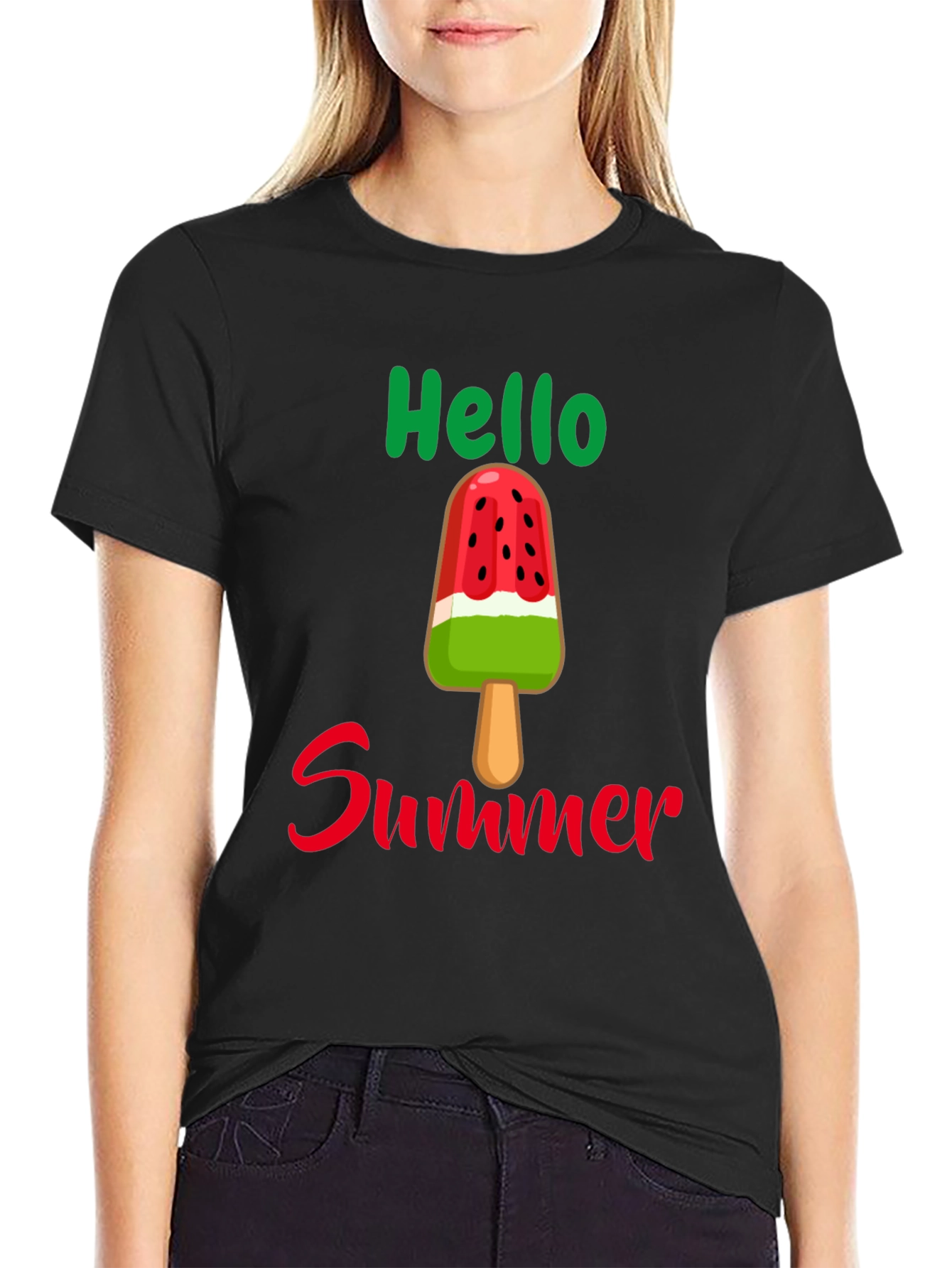 Black Hello Summer Watermelon Popsicle Graphic Tee view 2