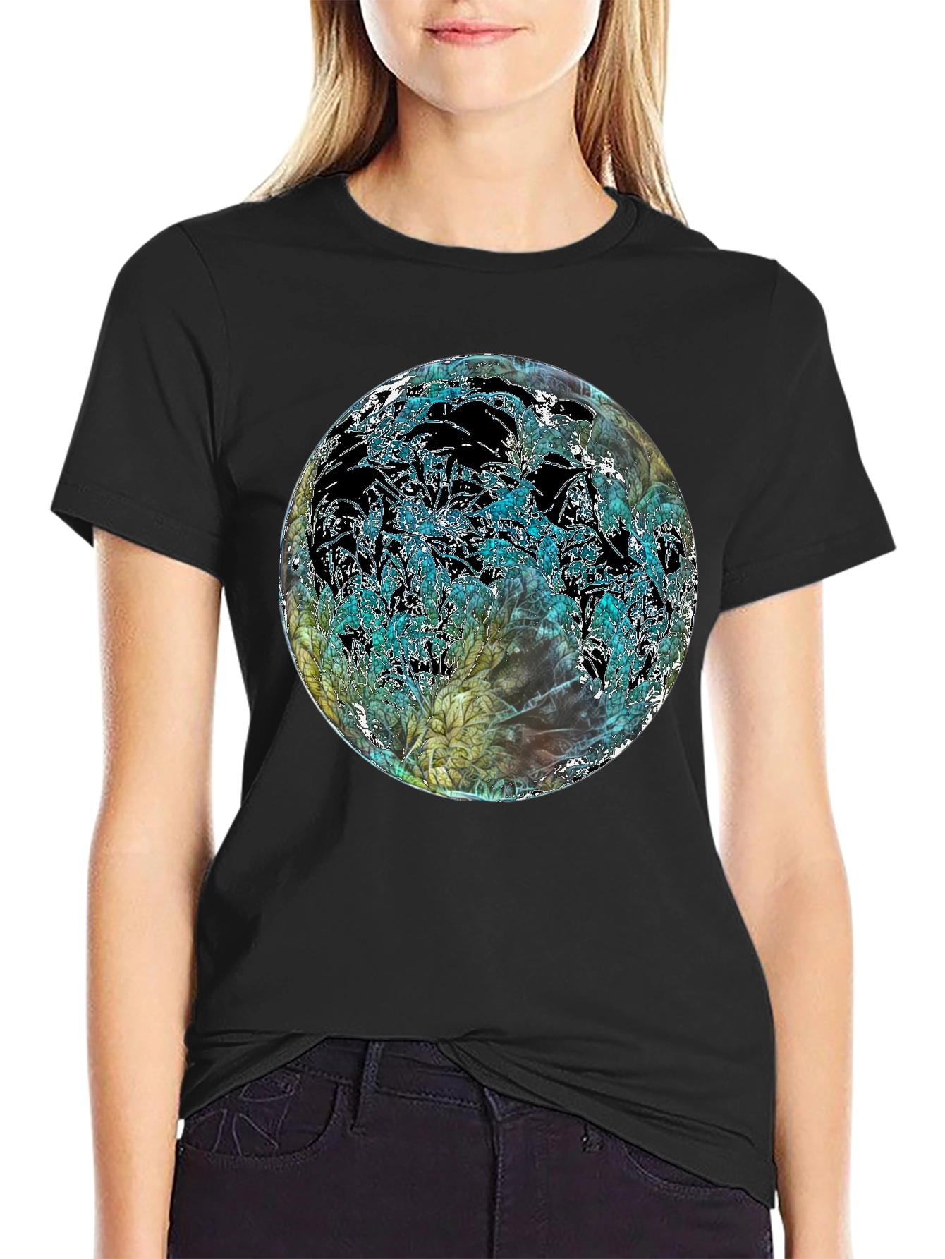 Black Abstract Floral Globe Black T-Shirt view 2