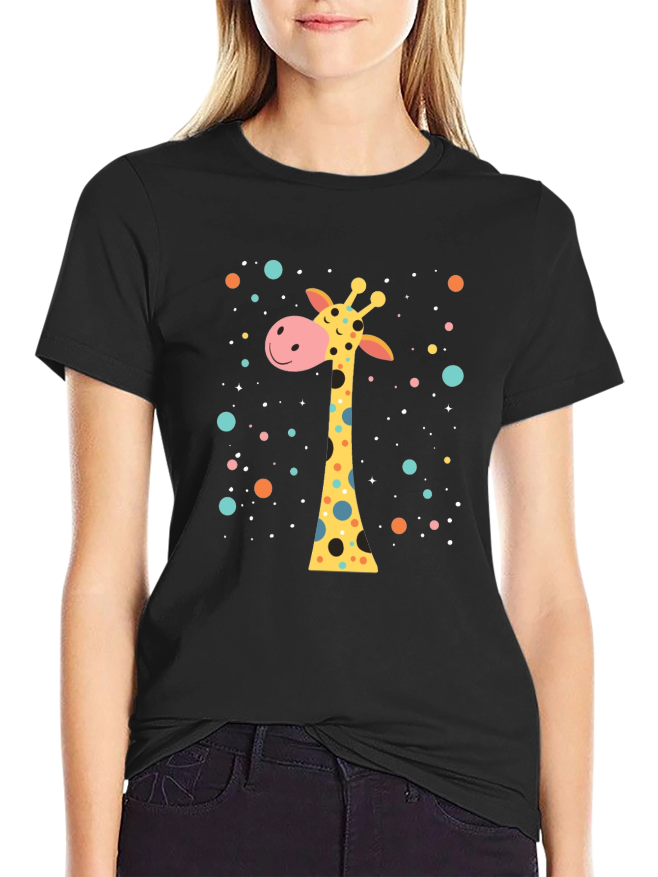 Black Giraffe T-Shirt - Whimsical Cartoon Design view 2