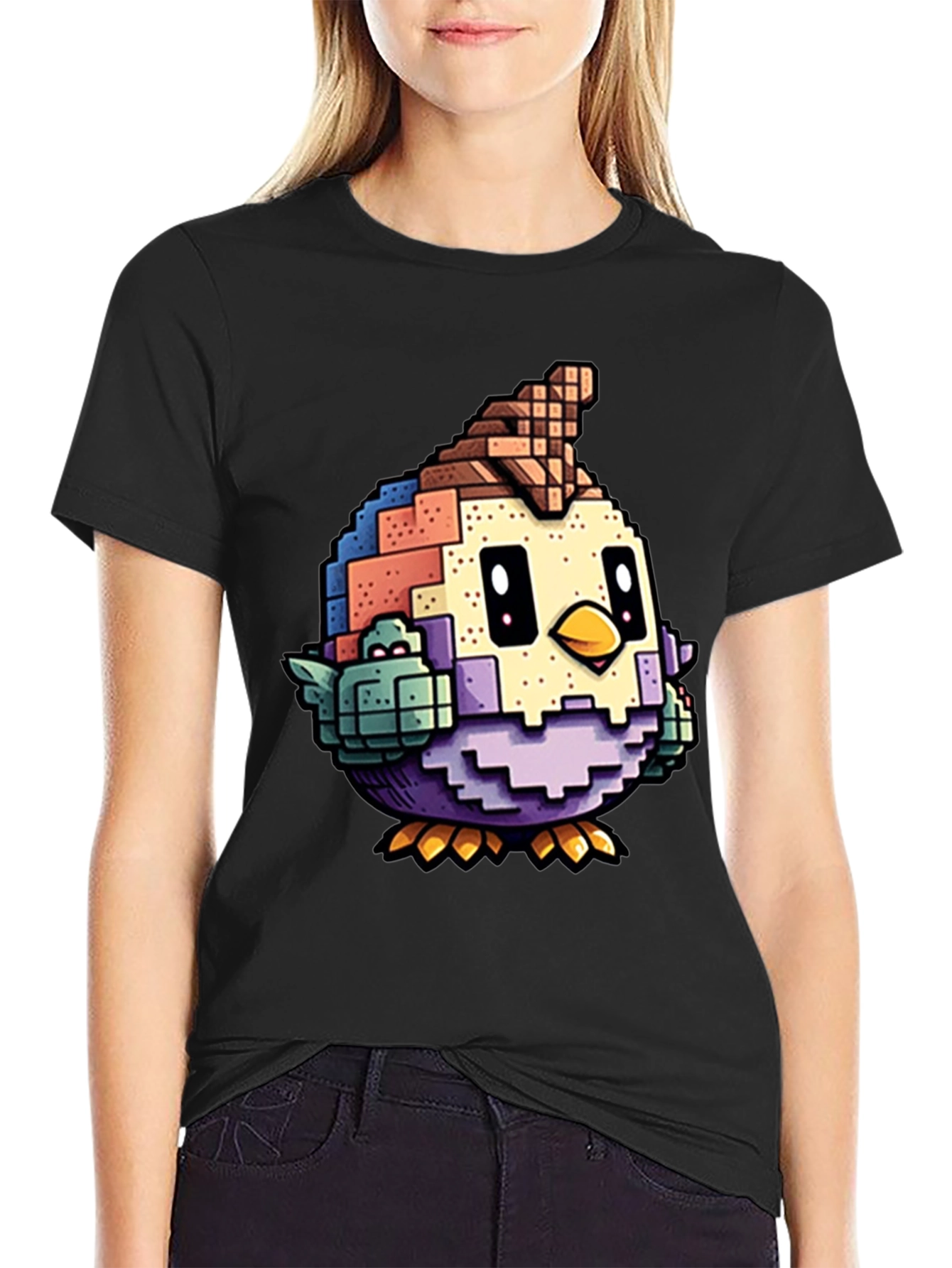 Black Pixelated Bird Graphic Tee - Black Cotton T-Shirt view 2